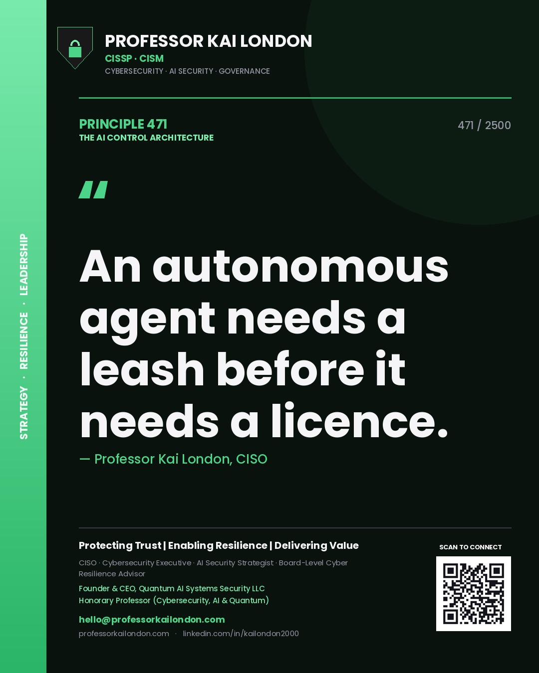Quote card by Professor Kai London reading 'An autonomous agent needs a leash before it needs a licence.'. From the book The AI Control Architecture.