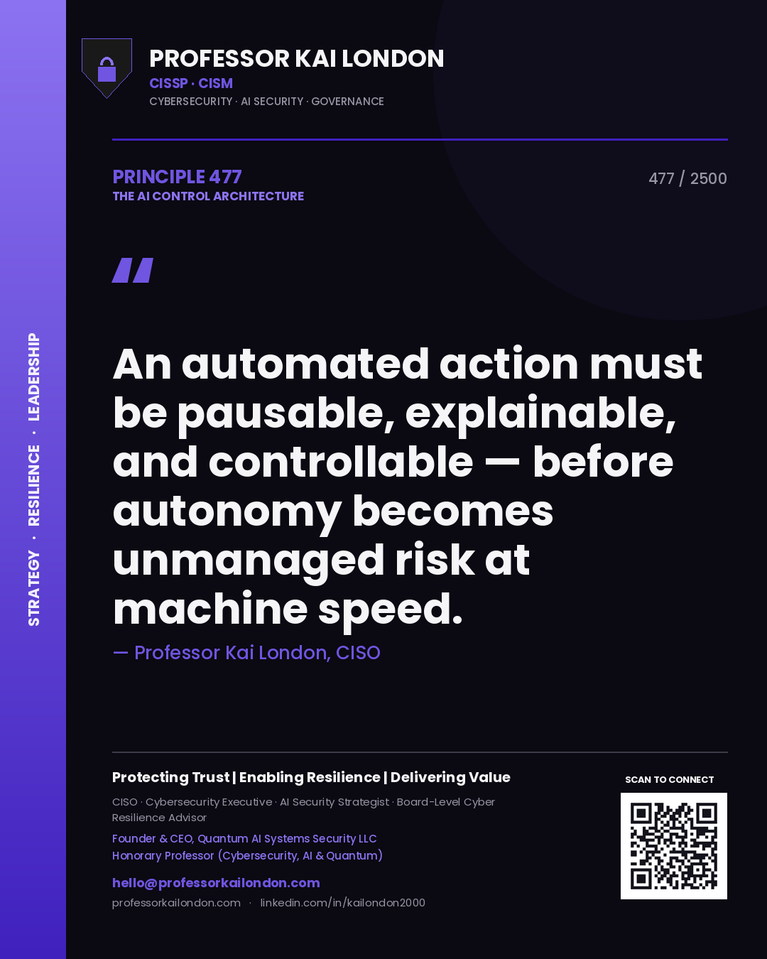 Quote card by Professor Kai London reading 'An automated action must be pausable, explainable, and controllable — before autonomy becomes unmanaged risk at machine speed.'. From the book The AI Control Architecture.