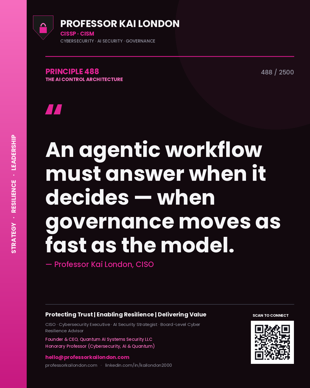Professor Kai London principle 488: An agentic workflow must answer when it decides — when governance moves as fast as the model.
