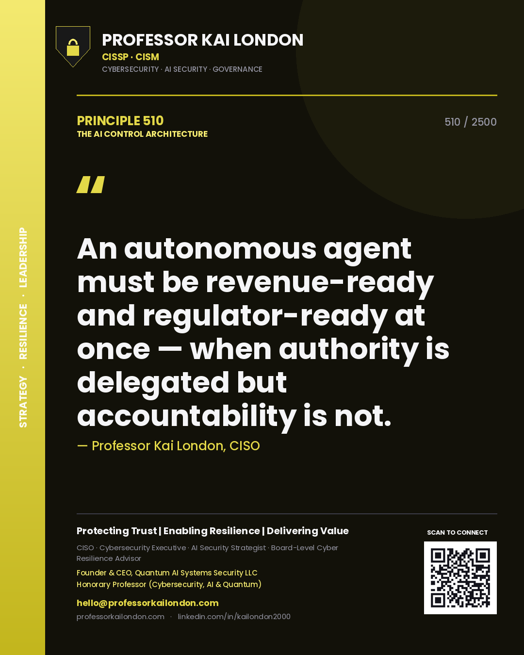 Professor Kai London principle 510: An autonomous agent must be revenue-ready and regulator-ready at once — when authority is delegated but accountability is not.