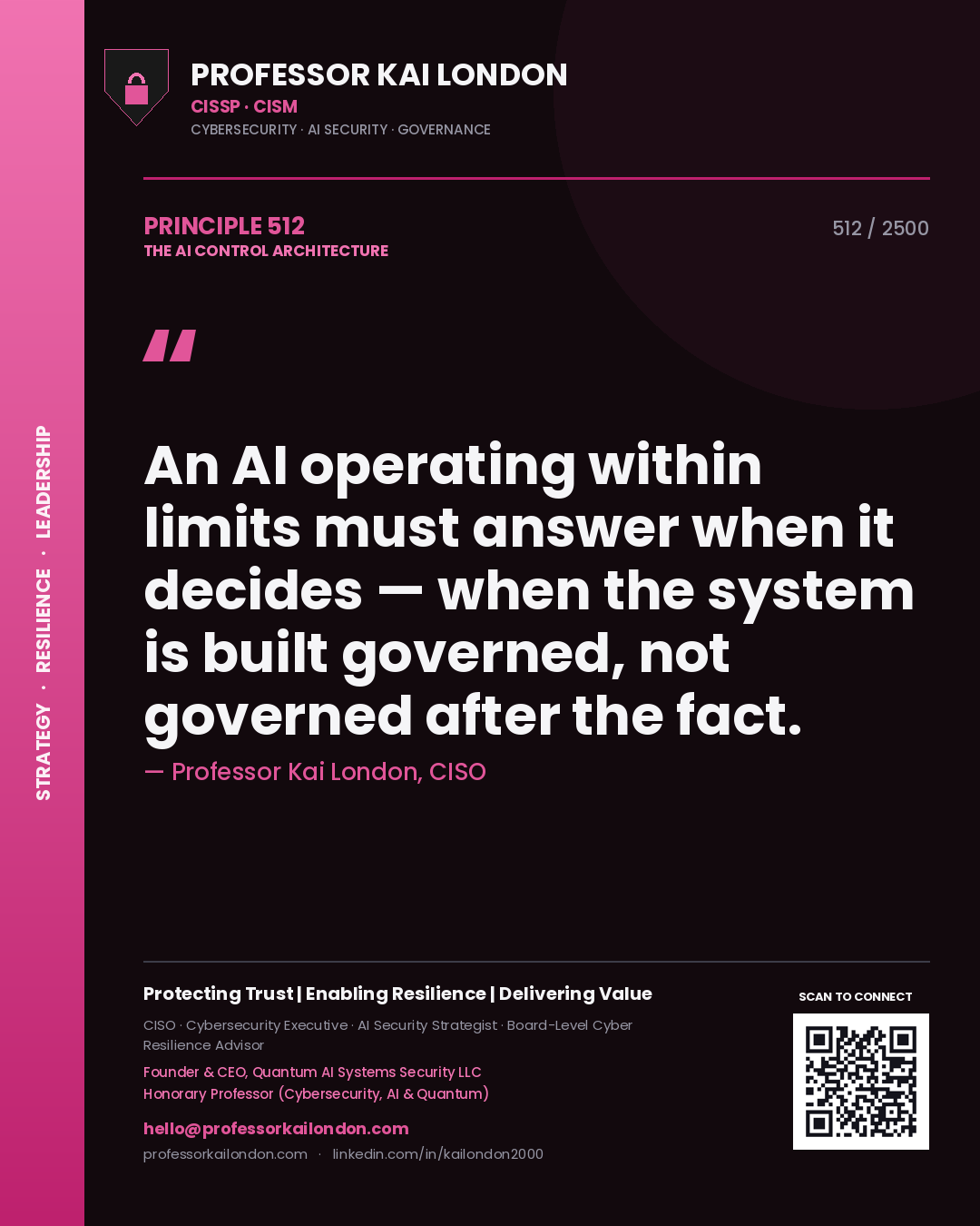Quote card by Professor Kai London reading 'An AI operating within limits must answer when it decides — when the system is built governed, not governed after the fact.'. From the book The AI Control Architecture.