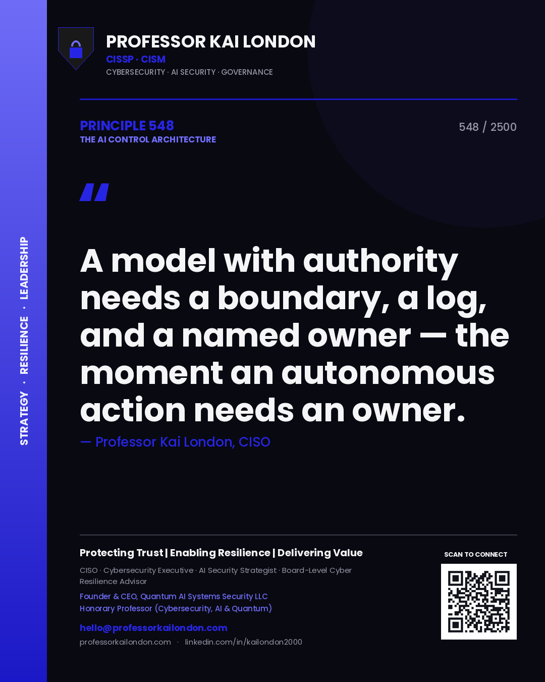 Professor Kai London principle 548: A model with authority needs a boundary, a log, and a named owner — the moment an autonomous action needs an owner.