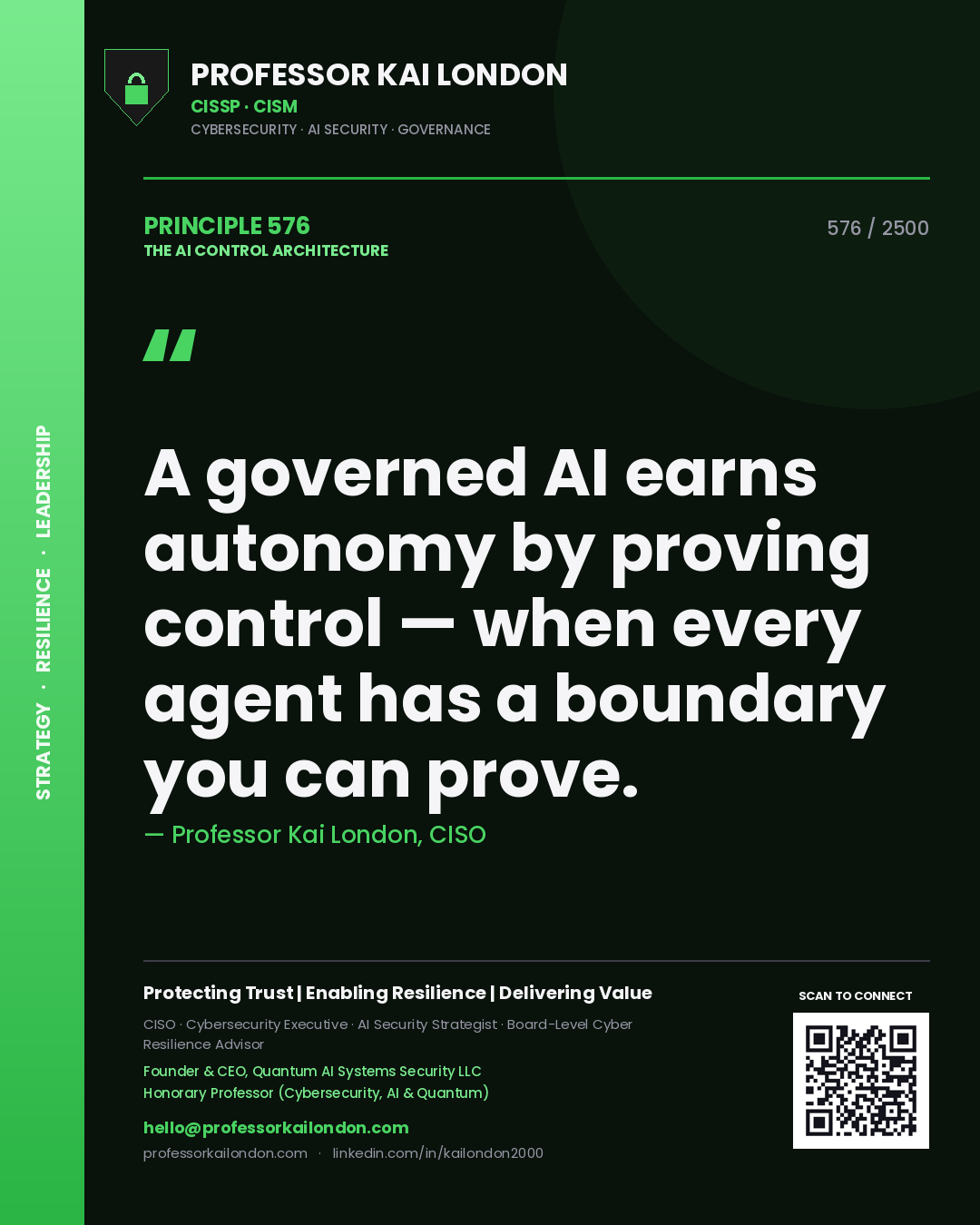 Professor Kai London principle 576: A governed AI earns autonomy by proving control — when every agent has a boundary you can prove.