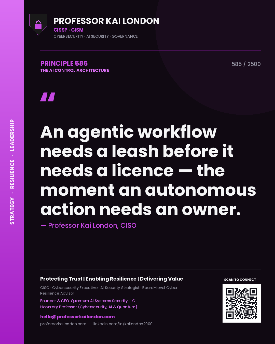 Professor Kai London principle 585: An agentic workflow needs a leash before it needs a licence — the moment an autonomous action needs an owner.