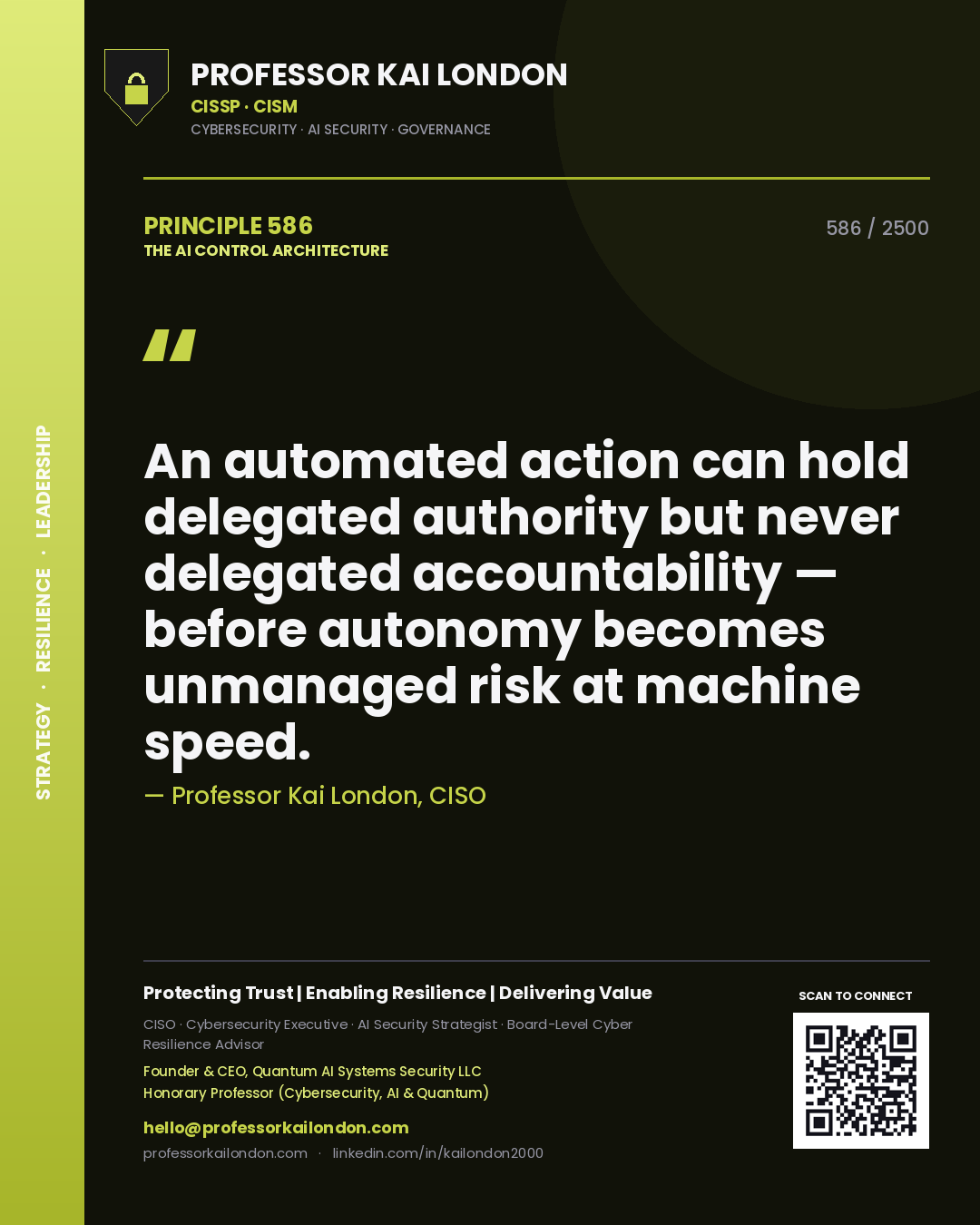 Professor Kai London principle 586: An automated action can hold delegated authority but never delegated accountability — before autonomy becomes unmanaged risk at machine speed.