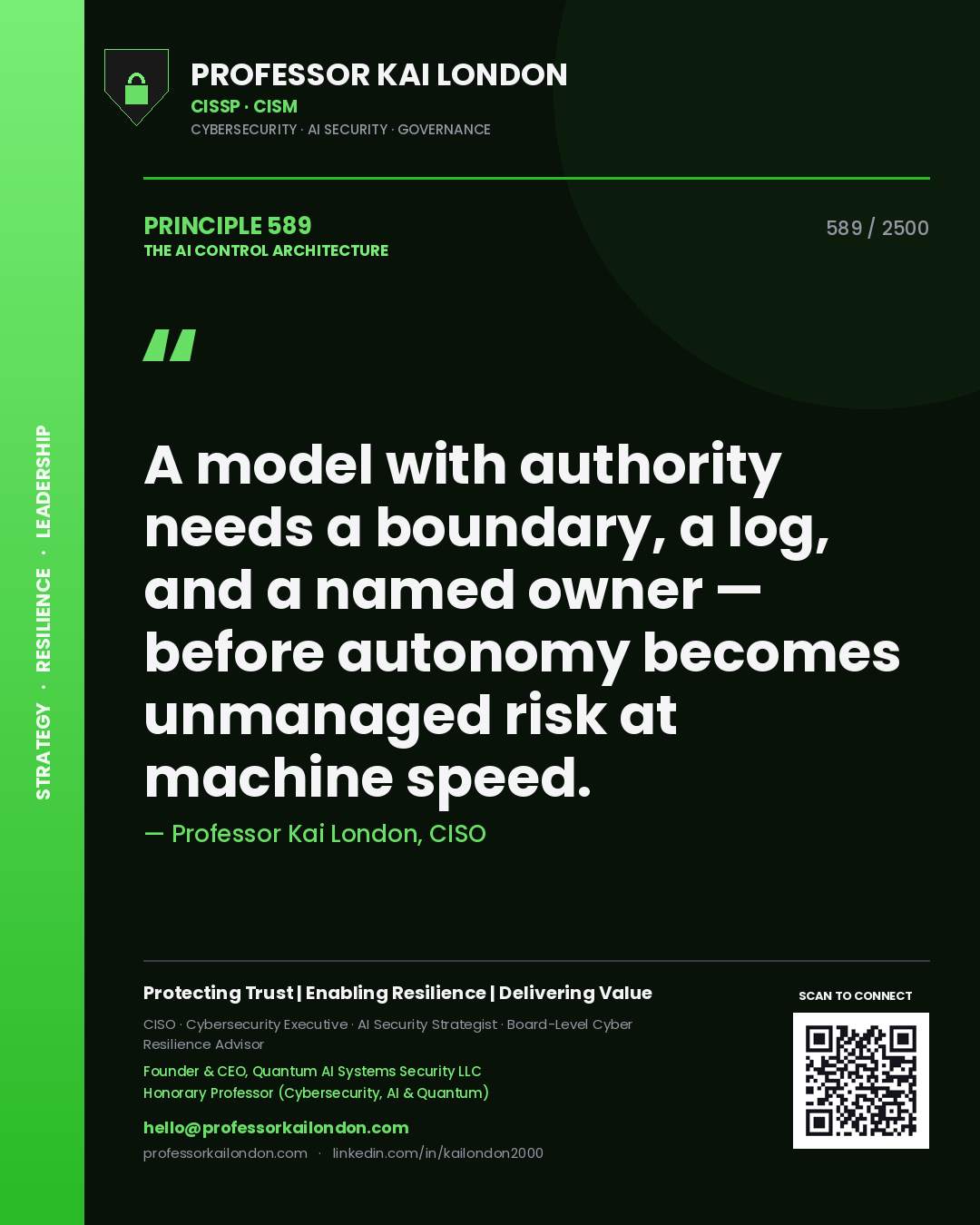 Professor Kai London principle 589: A model with authority needs a boundary, a log, and a named owner — before autonomy becomes unmanaged risk at machine speed.
