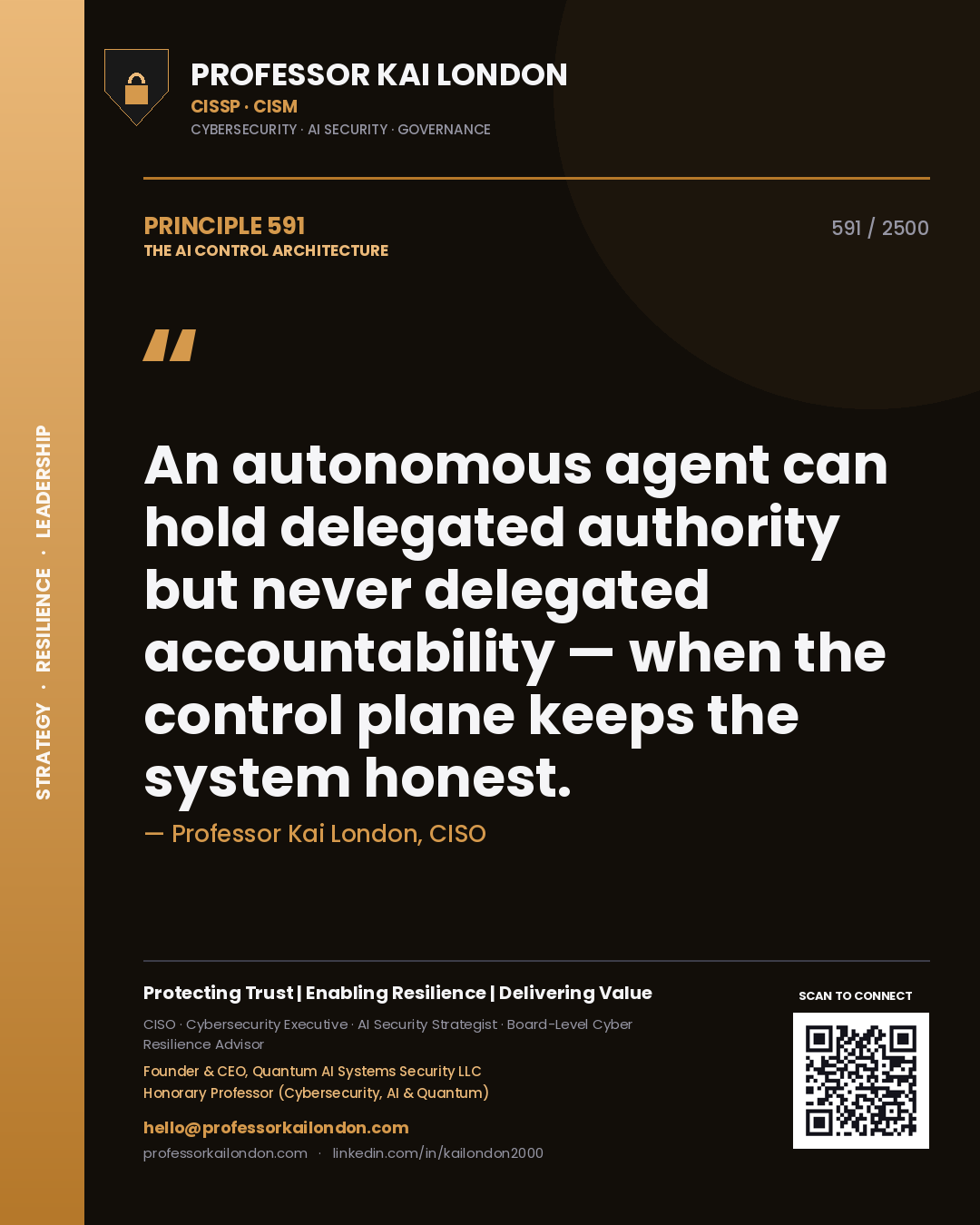 Professor Kai London principle 591: An autonomous agent can hold delegated authority but never delegated accountability — when the control plane keeps the system honest.