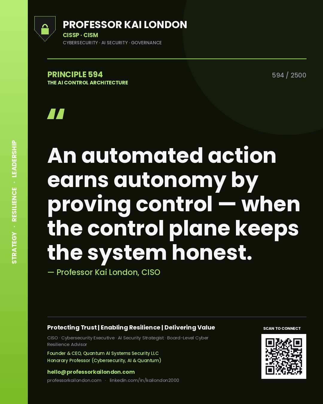 Quote card by Professor Kai London reading 'An automated action earns autonomy by proving control — when the control plane keeps the system honest.'. From the book The AI Control Architecture.