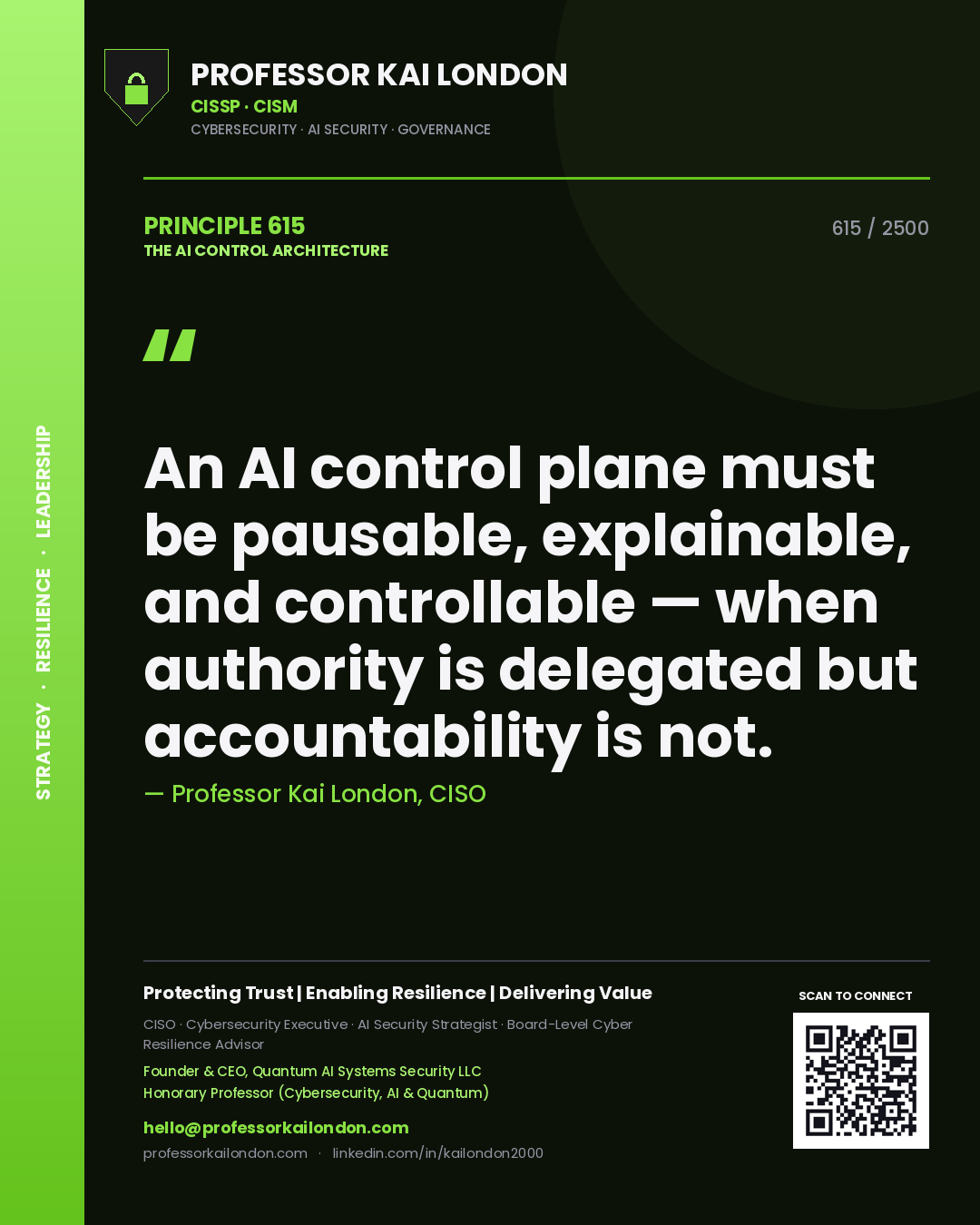 Quote card by Professor Kai London reading 'An AI control plane must be pausable, explainable, and controllable — when authority is delegated but accountability is not.'. From the book The AI Control Architecture.