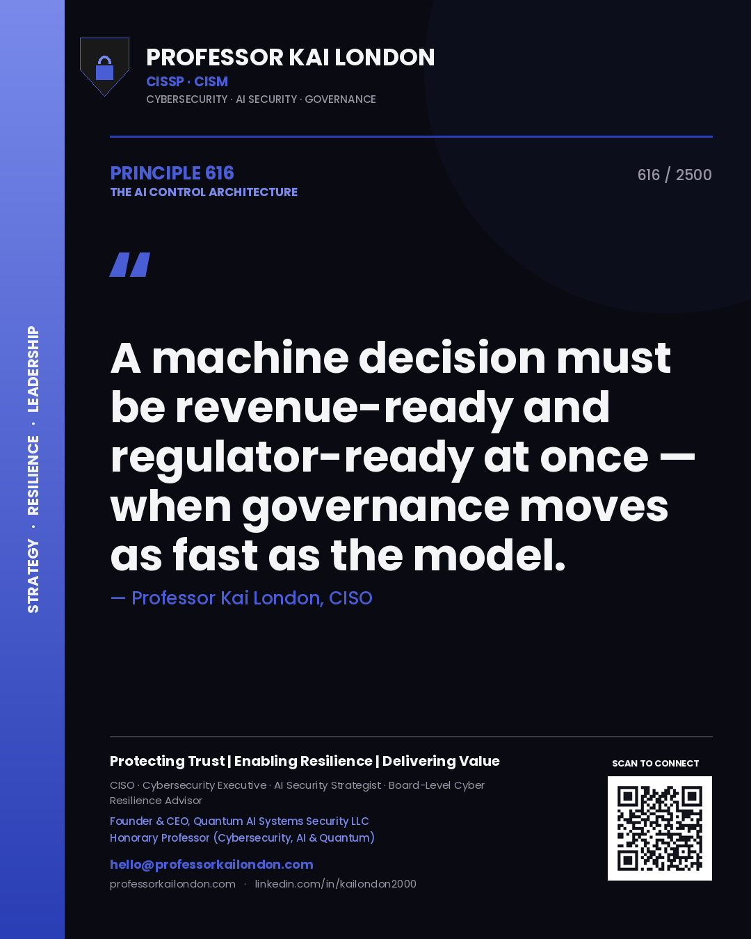Professor Kai London principle 616: A machine decision must be revenue-ready and regulator-ready at once — when governance moves as fast as the model.