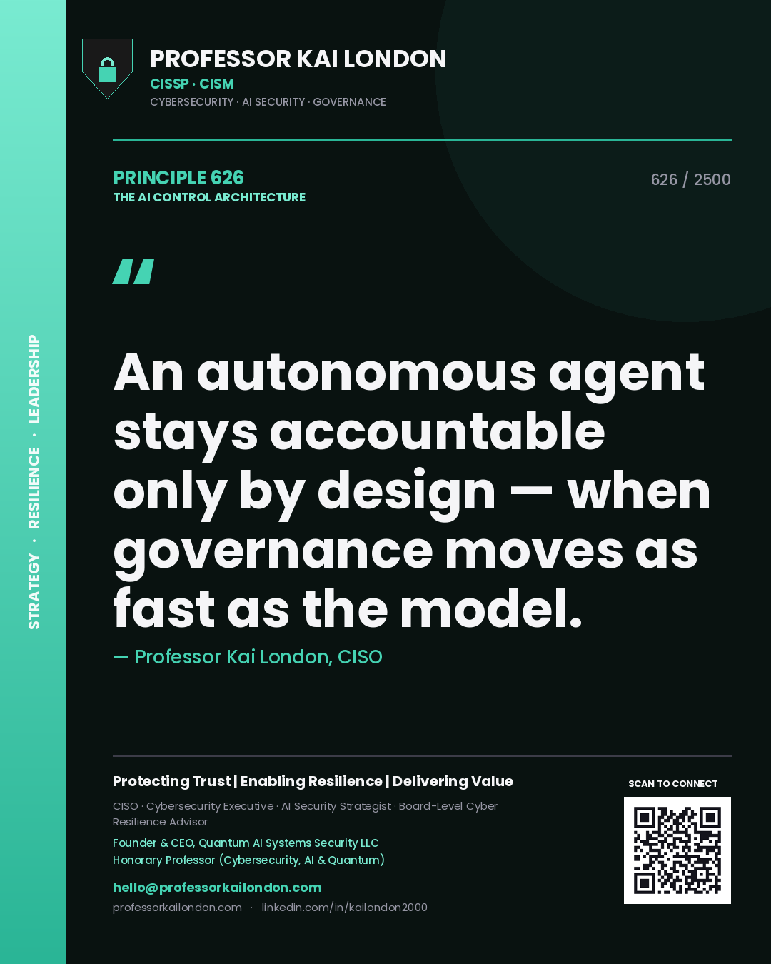 Quote card by Professor Kai London reading 'An autonomous agent stays accountable only by design — when governance moves as fast as the model.'. From the book The AI Control Architecture.