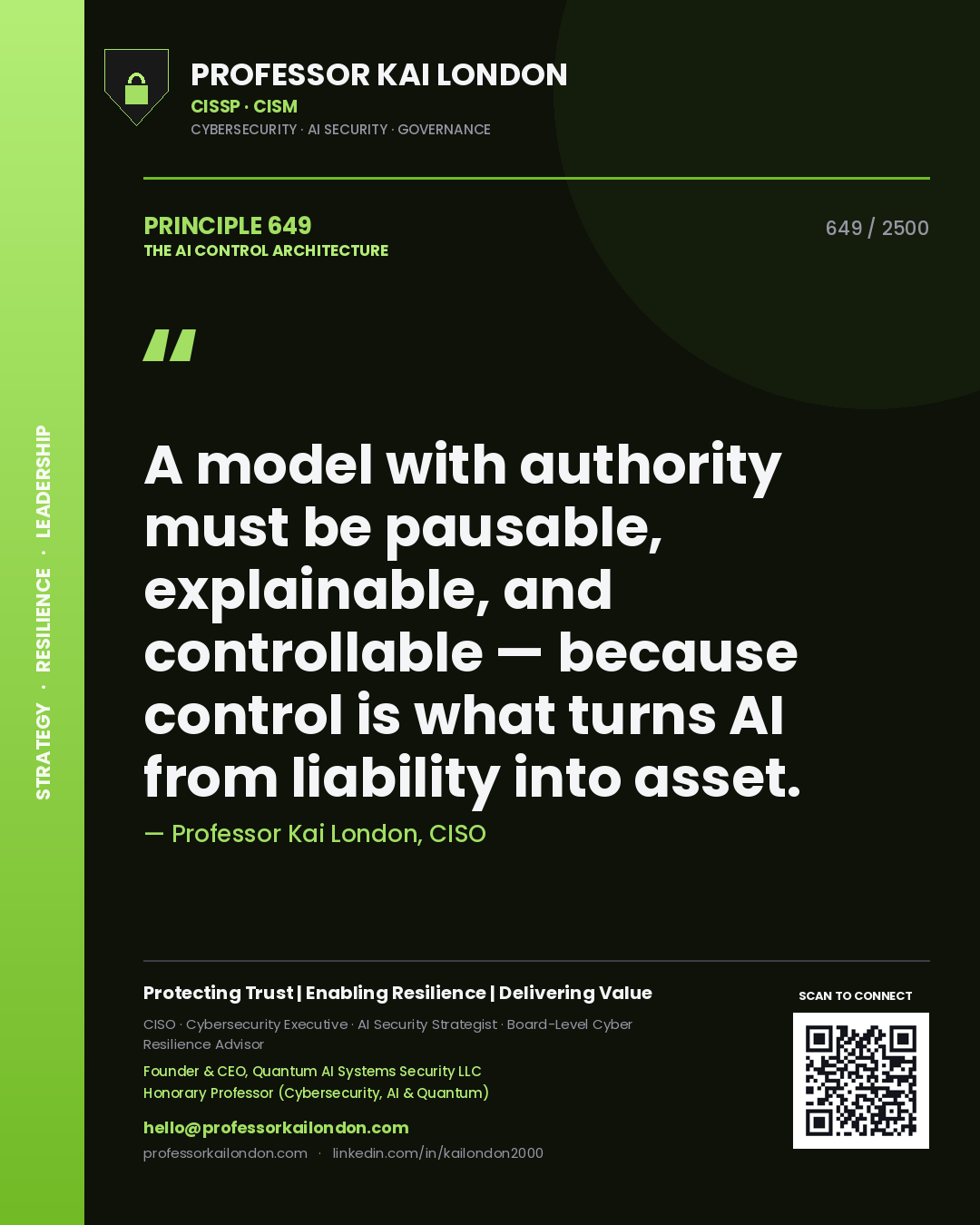 Quote card by Professor Kai London reading 'A model with authority must be pausable, explainable, and controllable — because control is what turns AI from liability into asset.'. From the book The AI Control Architecture.