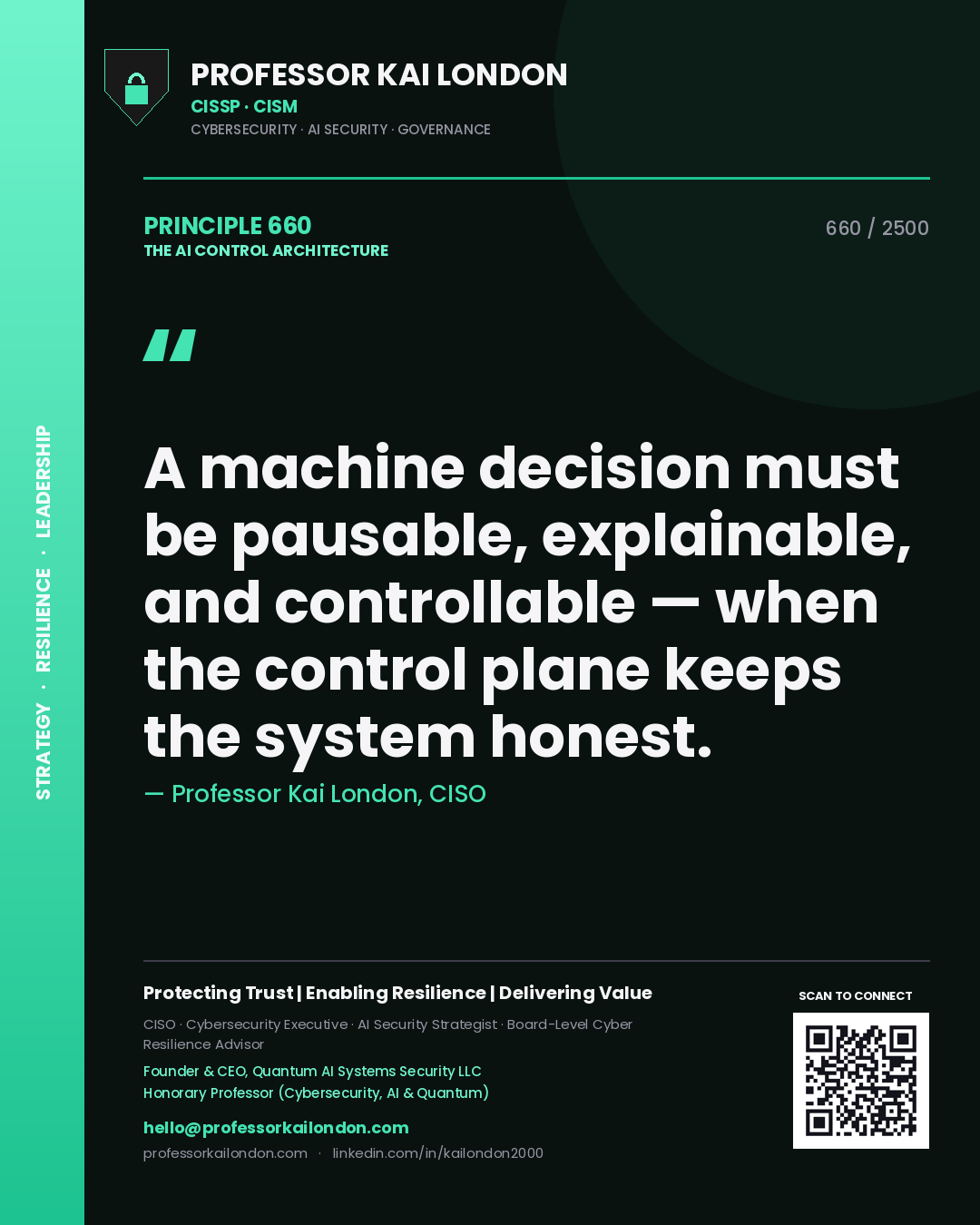 Quote card by Professor Kai London reading 'A machine decision must be pausable, explainable, and controllable — when the control plane keeps the system honest.'. From the book The AI Control Architecture.