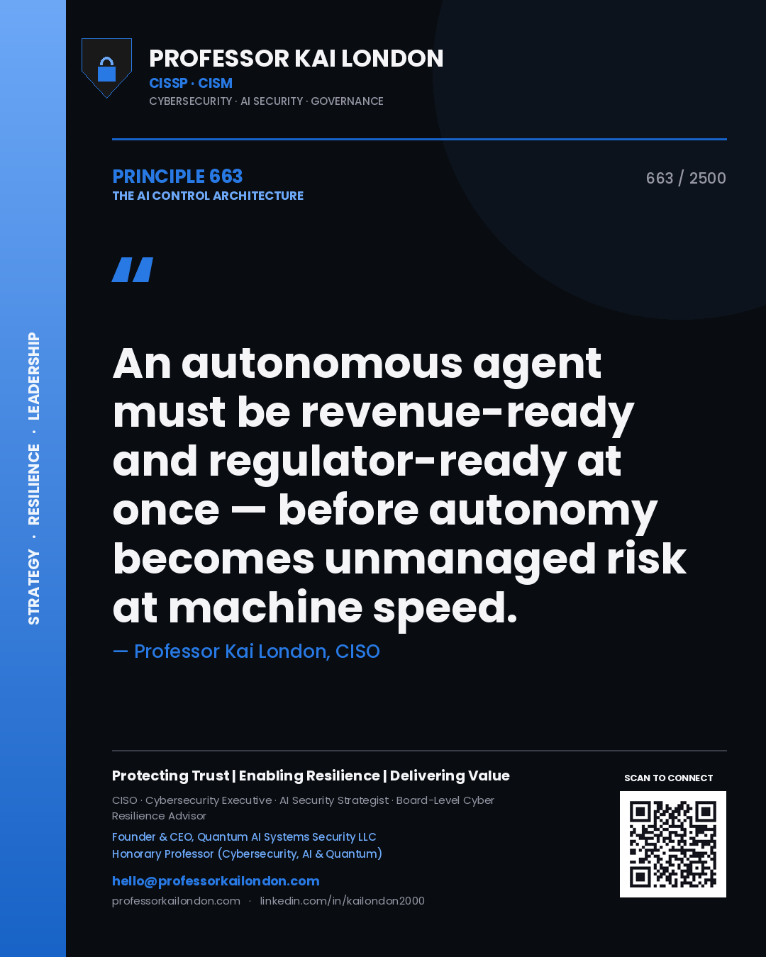 Quote card by Professor Kai London reading 'An autonomous agent must be revenue-ready and regulator-ready at once — before autonomy becomes unmanaged risk at machine speed.'. From the book The AI Control Architecture.