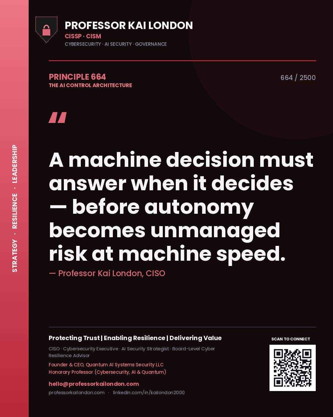 Quote card by Professor Kai London reading 'A machine decision must answer when it decides — before autonomy becomes unmanaged risk at machine speed.'. From the book The AI Control Architecture.