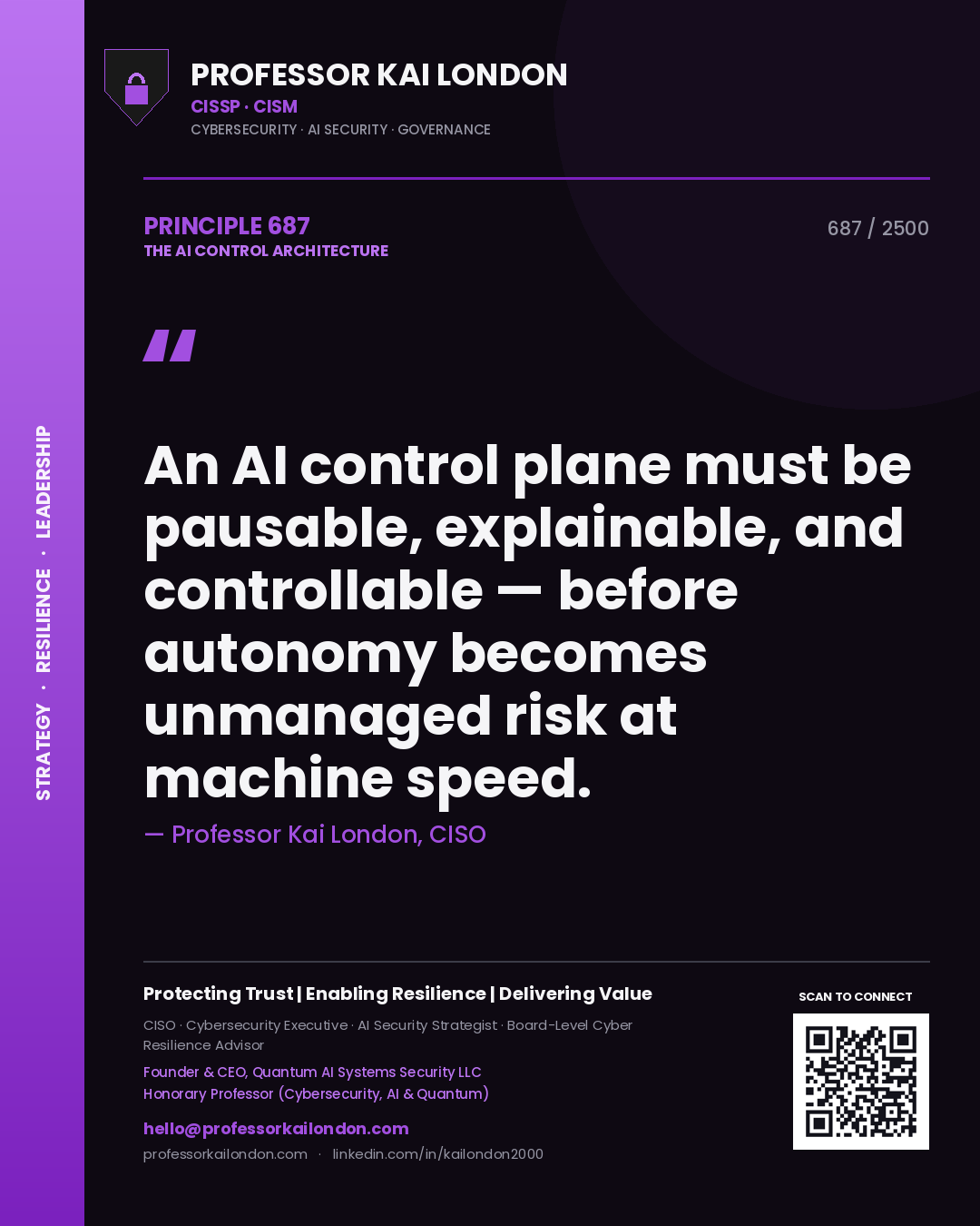 Quote card by Professor Kai London reading 'An AI control plane must be pausable, explainable, and controllable — before autonomy becomes unmanaged risk at machine speed.'. From the book The AI Control Architecture.