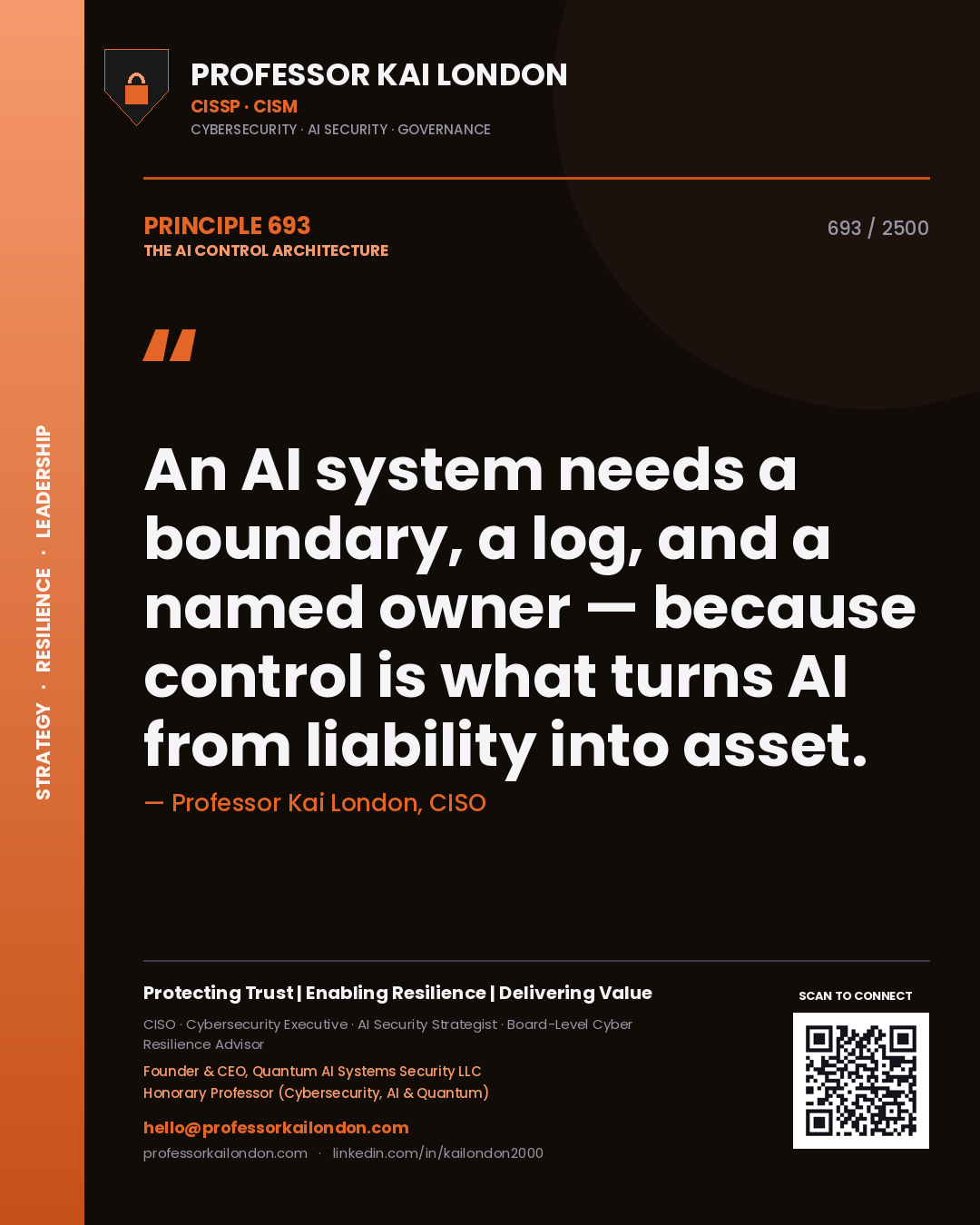 Quote card by Professor Kai London reading 'An AI system needs a boundary, a log, and a named owner — because control is what turns AI from liability into asset.'. From the book The AI Control Architecture.