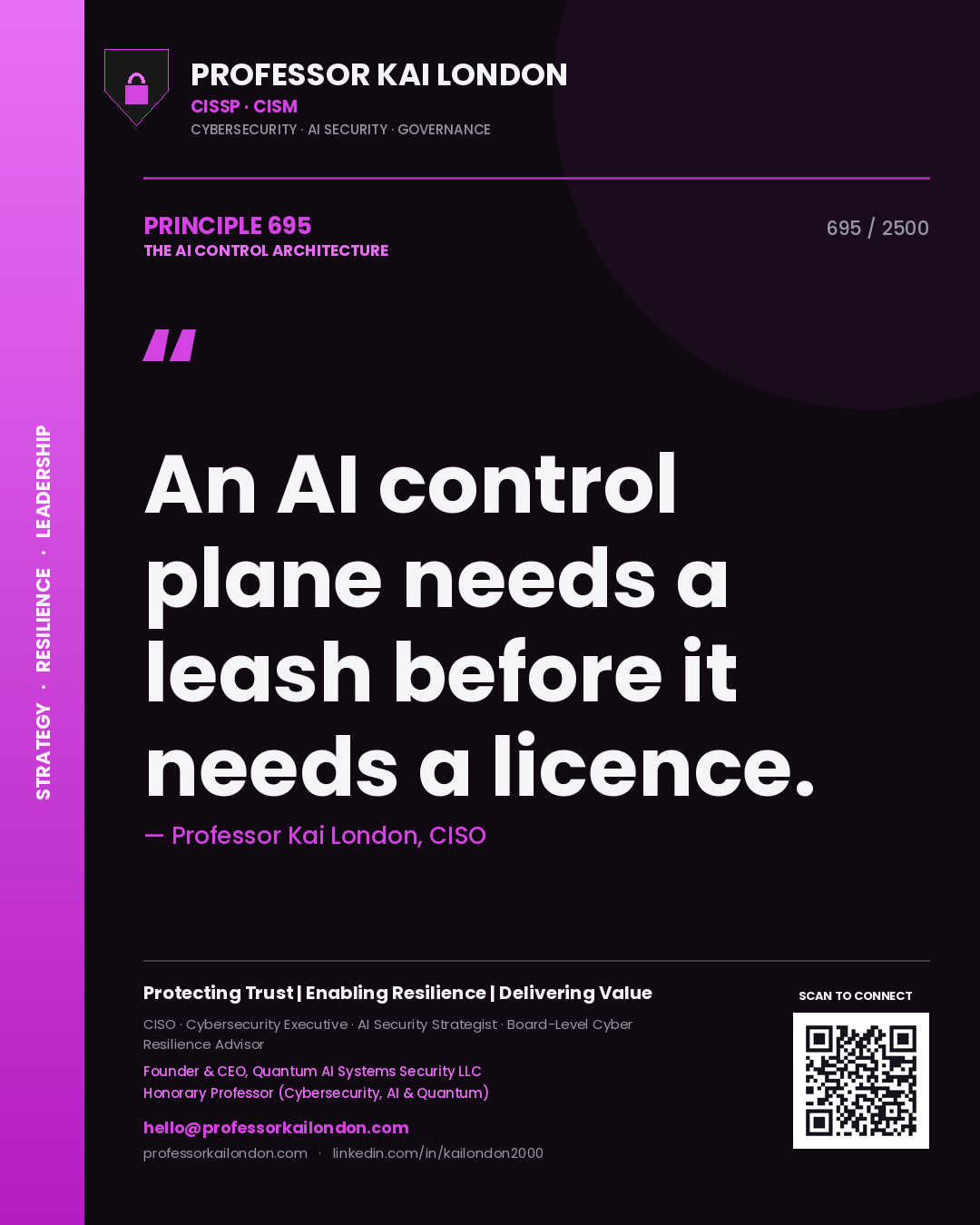 Quote card by Professor Kai London reading 'An AI control plane needs a leash before it needs a licence.'. From the book The AI Control Architecture.