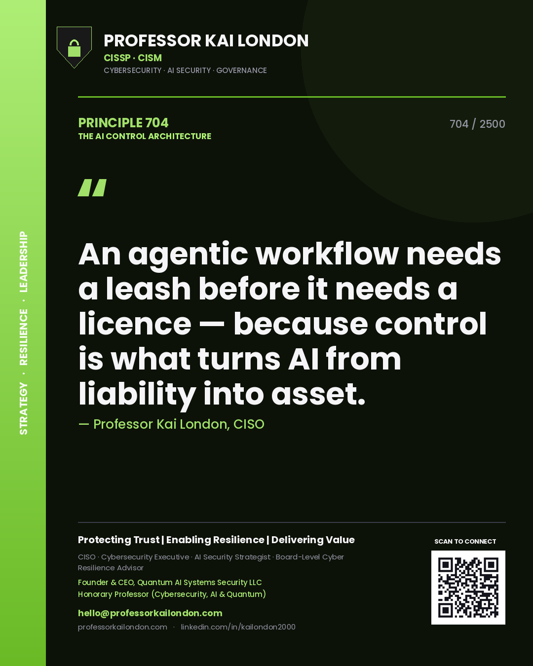 Quote card by Professor Kai London reading 'An agentic workflow needs a leash before it needs a licence — because control is what turns AI from liability into asset.'. From the book The AI Control Architecture.