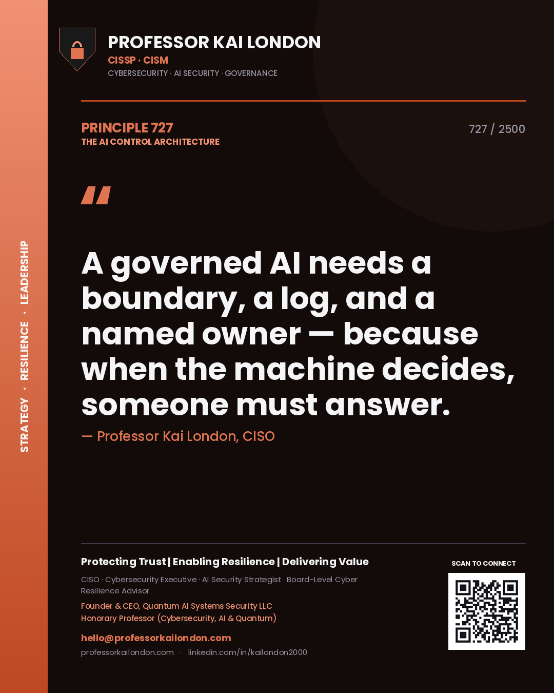 Quote card by Professor Kai London reading 'A governed AI needs a boundary, a log, and a named owner — because when the machine decides, someone must answer.'. From the book The AI Control Architecture.