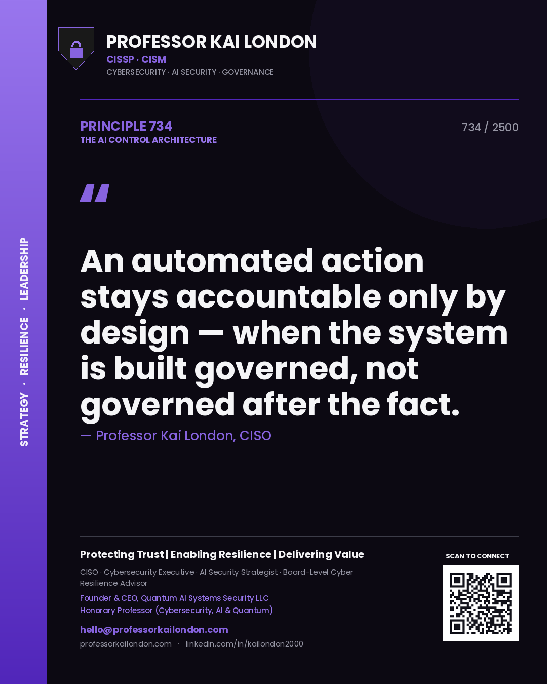 Quote card by Professor Kai London reading 'An automated action stays accountable only by design — when the system is built governed, not governed after the fact.'. From the book The AI Control Architecture.