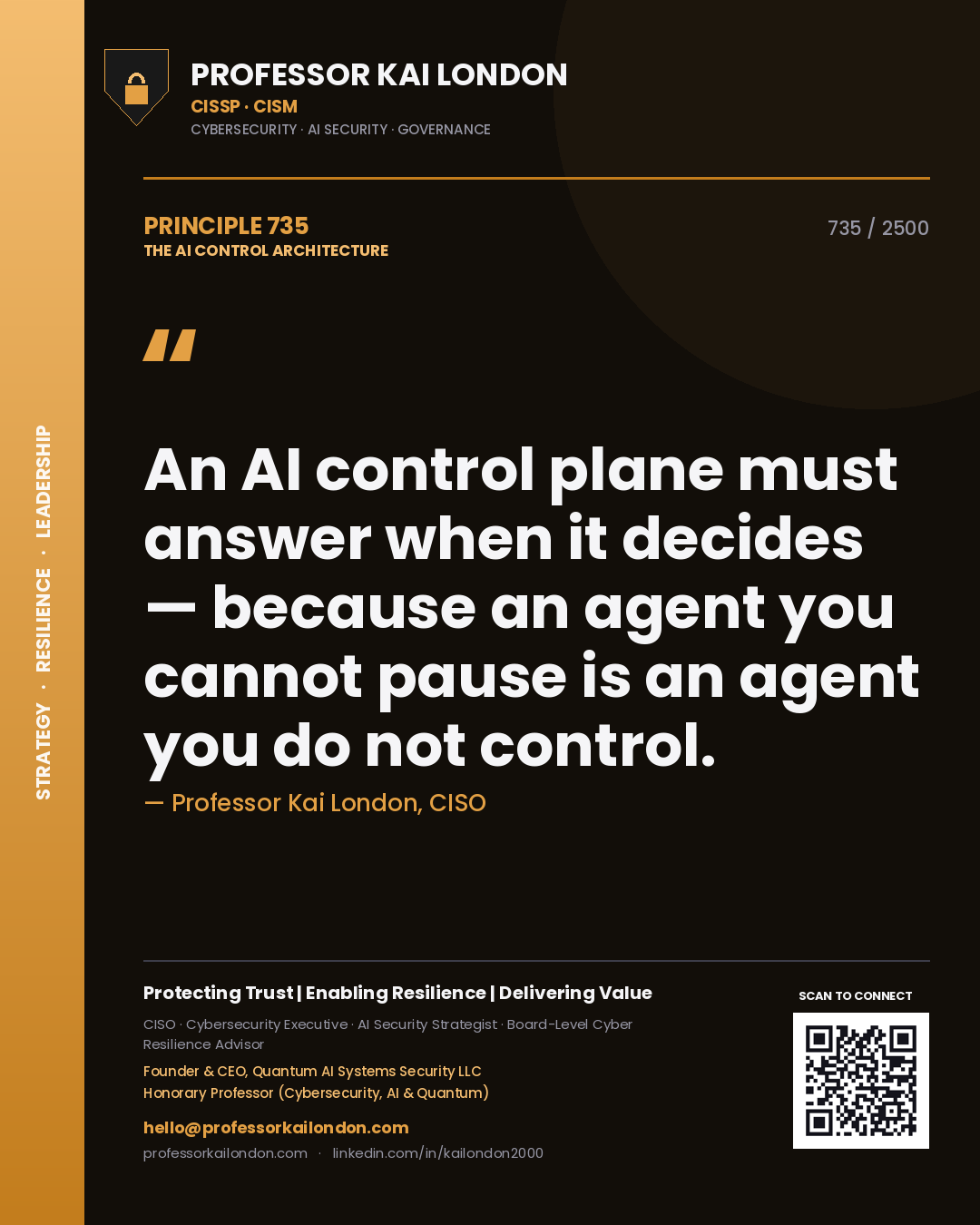 Quote card by Professor Kai London reading 'An AI control plane must answer when it decides — because an agent you cannot pause is an agent you do not control.'. From the book The AI Control Architecture.