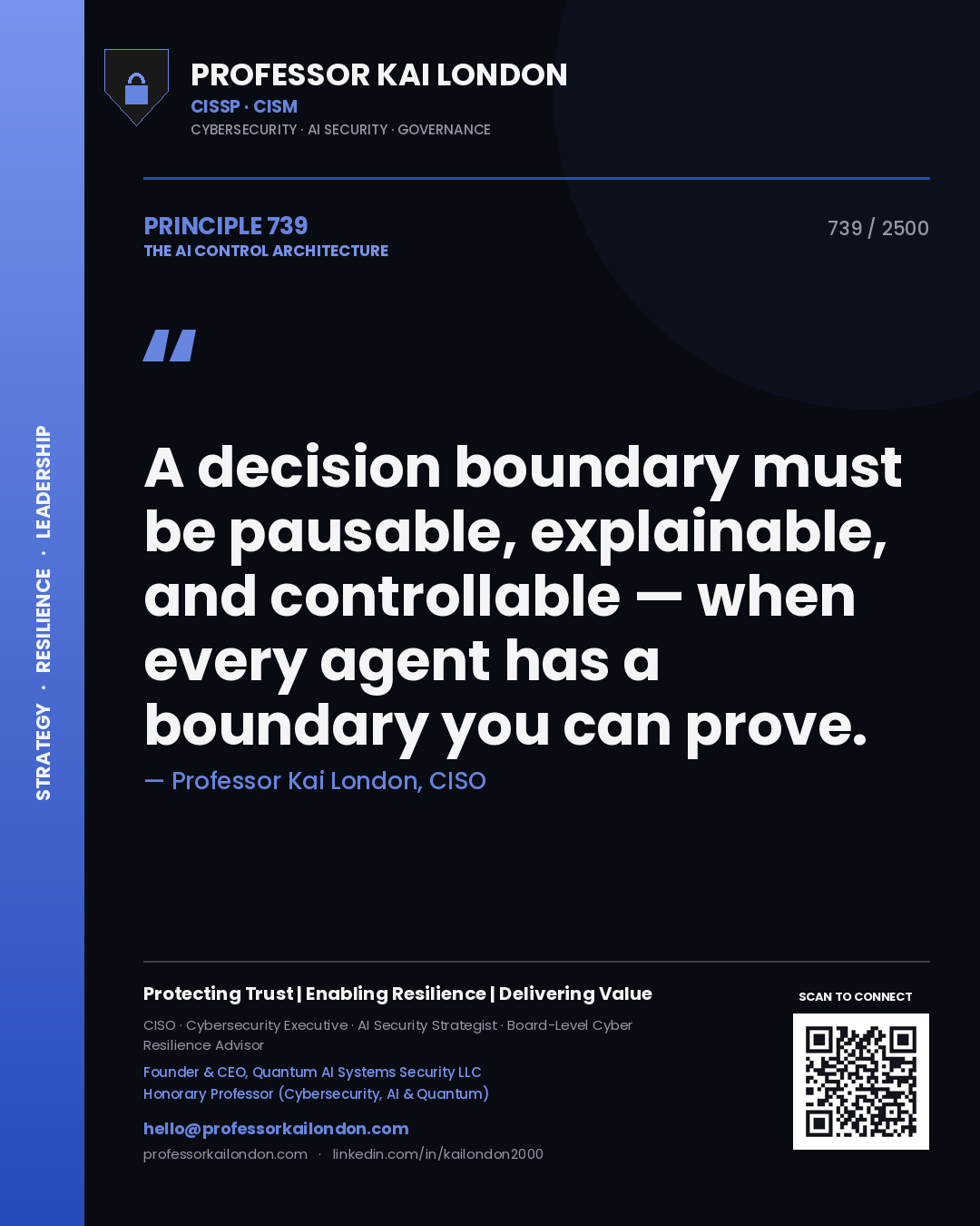 Quote card by Professor Kai London reading 'A decision boundary must be pausable, explainable, and controllable — when every agent has a boundary you can prove.'. From the book The AI Control Architecture.