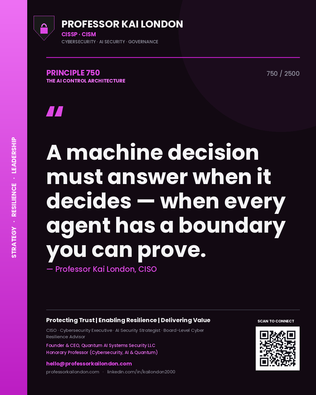 Quote card by Professor Kai London reading 'A machine decision must answer when it decides — when every agent has a boundary you can prove.'. From the book The AI Control Architecture.
