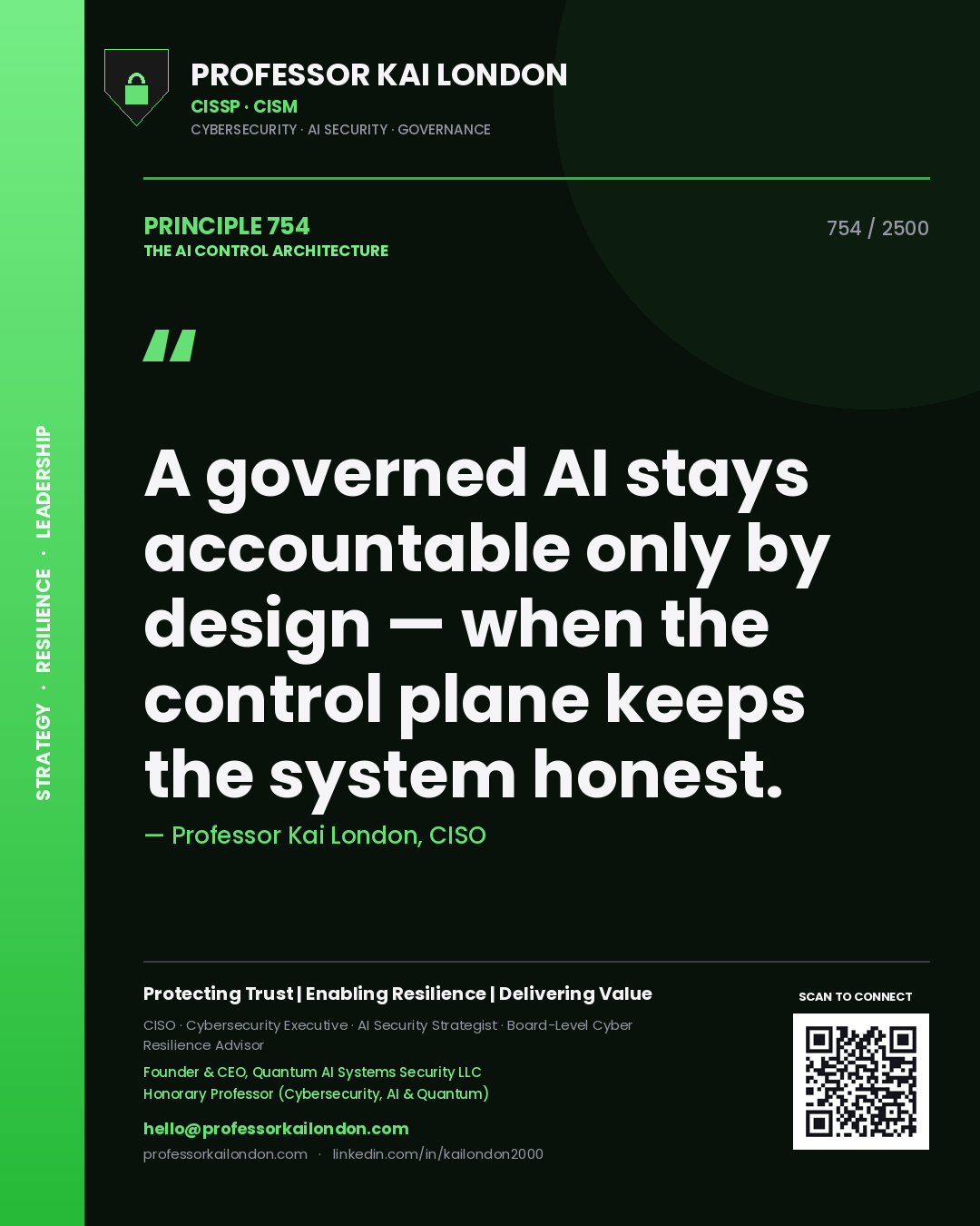 Quote card by Professor Kai London reading 'A governed AI stays accountable only by design — when the control plane keeps the system honest.'. From the book The AI Control Architecture.