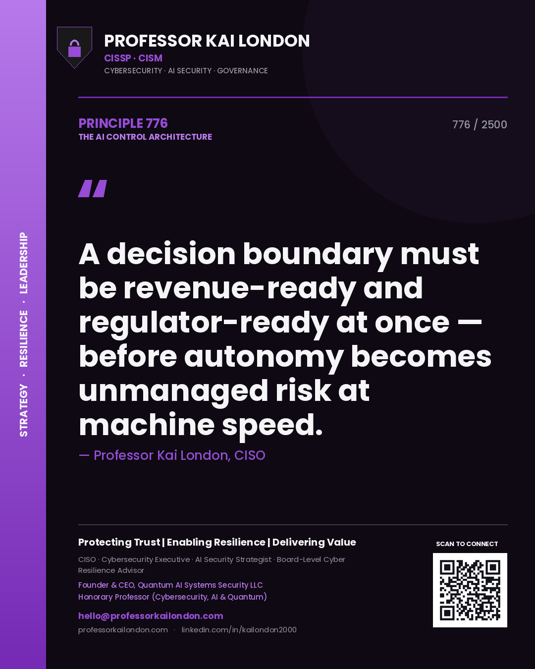 Quote card by Professor Kai London reading 'A decision boundary must be revenue-ready and regulator-ready at once — before autonomy becomes unmanaged risk at machine speed.'. From the book The AI Control Architecture.