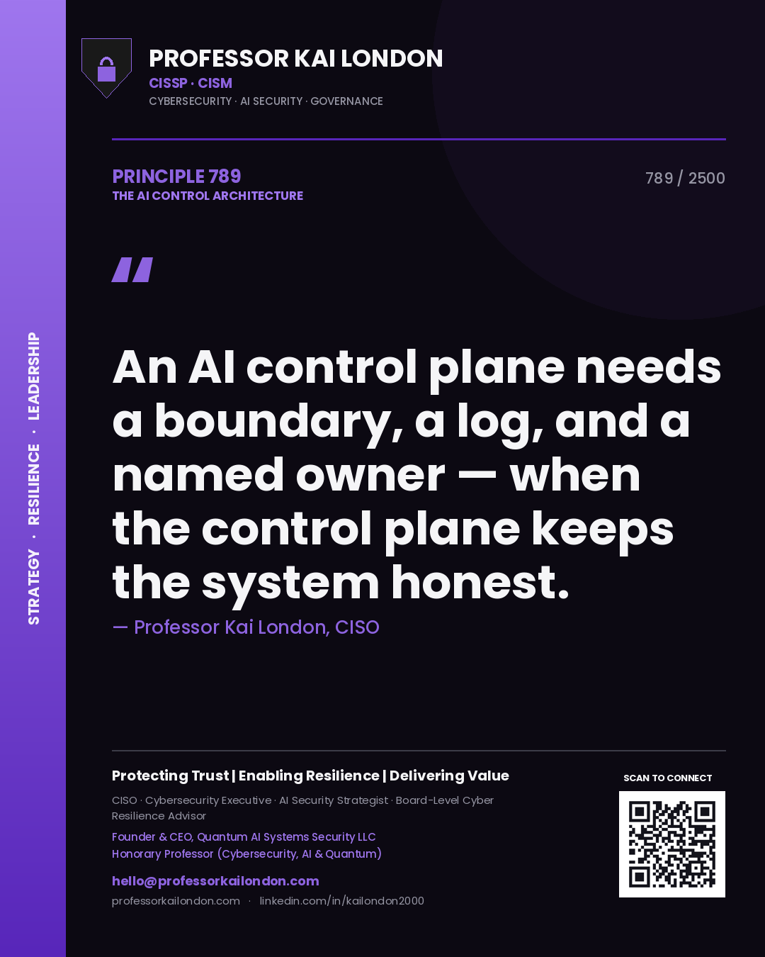 Quote card by Professor Kai London reading 'An AI control plane needs a boundary, a log, and a named owner — when the control plane keeps the system honest.'. From the book The AI Control Architecture.