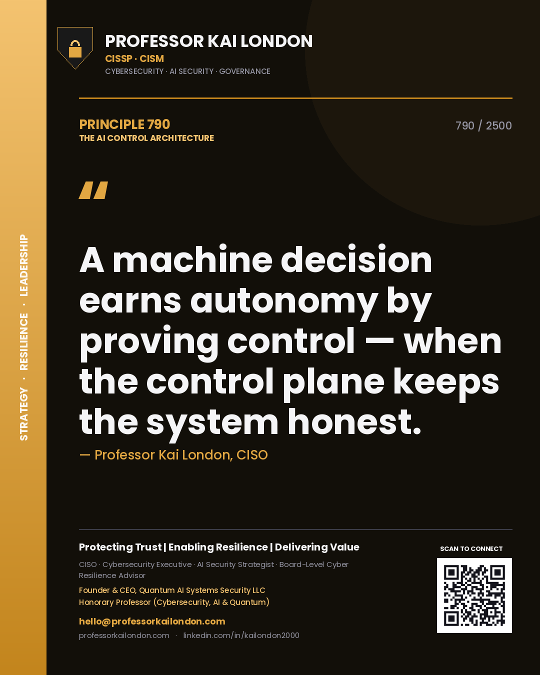 Quote card by Professor Kai London reading 'A machine decision earns autonomy by proving control — when the control plane keeps the system honest.'. From the book The AI Control Architecture.
