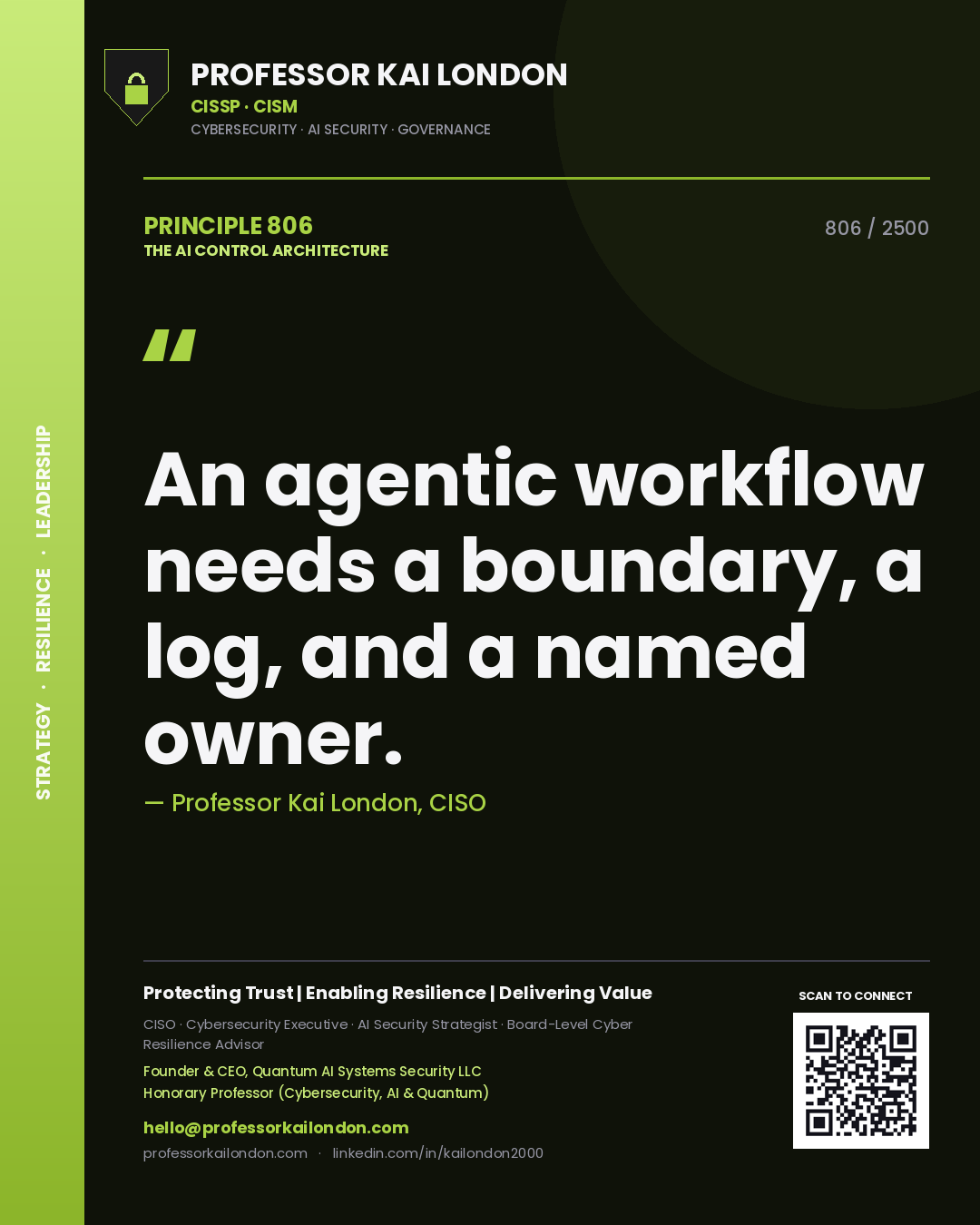 Professor Kai London principle 806: An agentic workflow needs a boundary, a log, and a named owner.