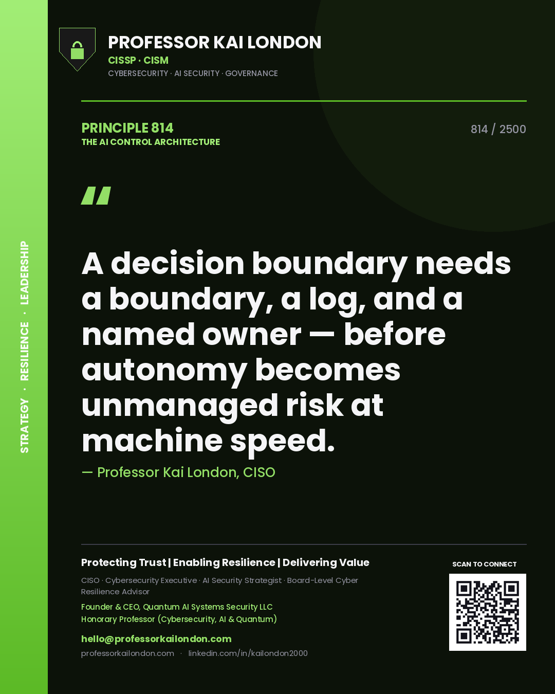 Quote card by Professor Kai London reading 'A decision boundary needs a boundary, a log, and a named owner — before autonomy becomes unmanaged risk at machine speed.'. From the book The AI Control Architecture.
