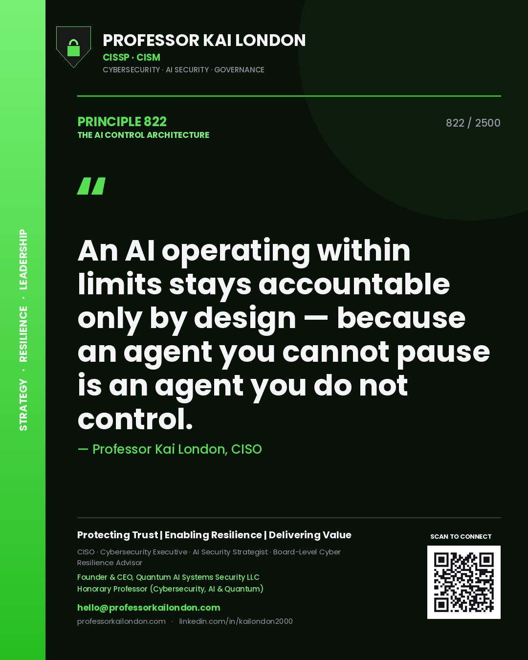 Quote card by Professor Kai London reading 'An AI operating within limits stays accountable only by design — because an agent you cannot pause is an agent you do not control.'. From the book The AI Control Architecture.