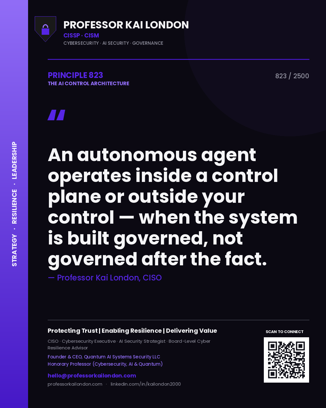 Quote card by Professor Kai London reading 'An autonomous agent operates inside a control plane or outside your control — when the system is built governed, not governed after the fact.'. From the book The AI Control Architecture.