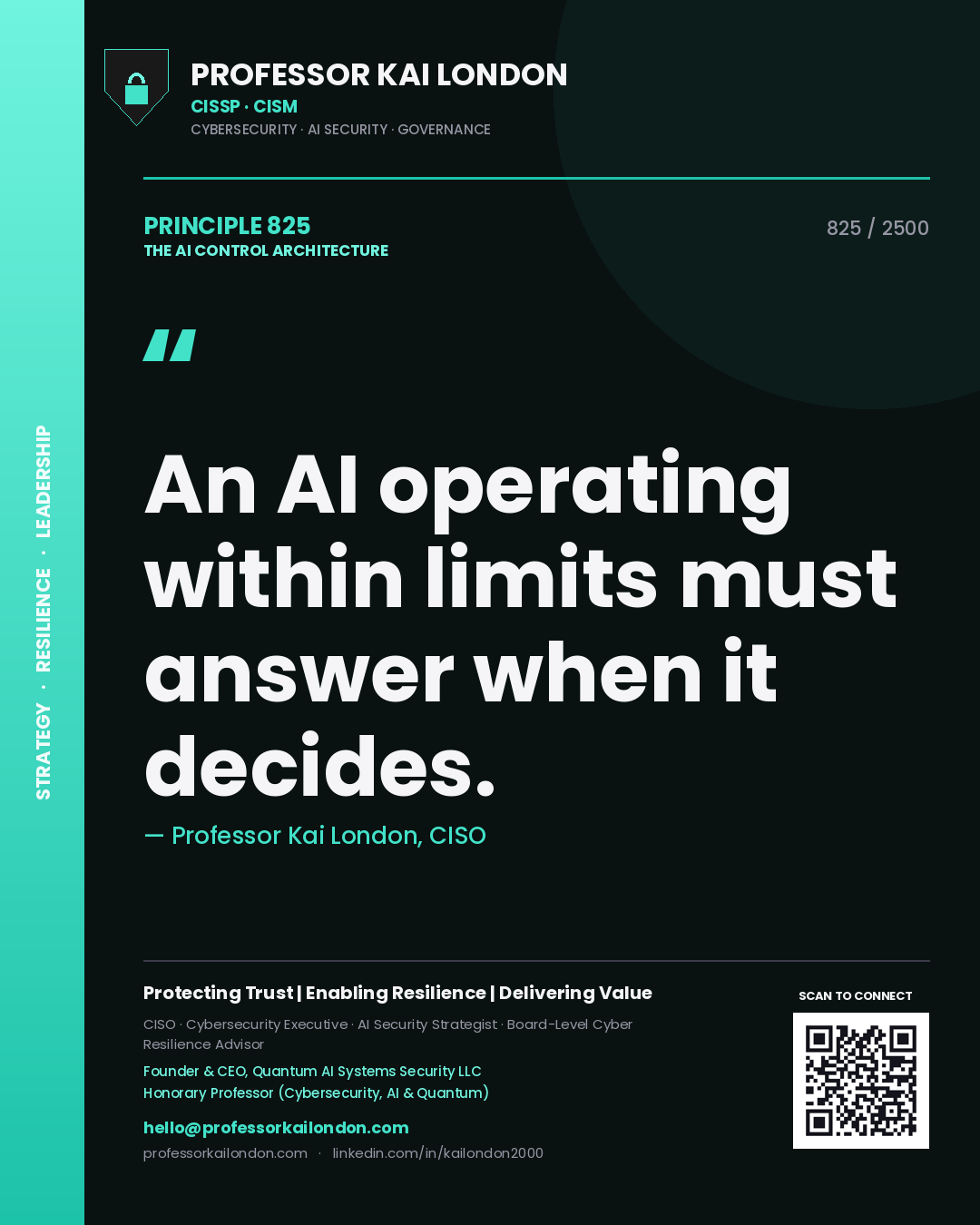 Professor Kai London principle 825: An AI operating within limits must answer when it decides.