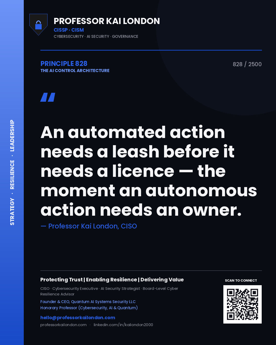 Quote card by Professor Kai London reading 'An automated action needs a leash before it needs a licence — the moment an autonomous action needs an owner.'. From the book The AI Control Architecture.