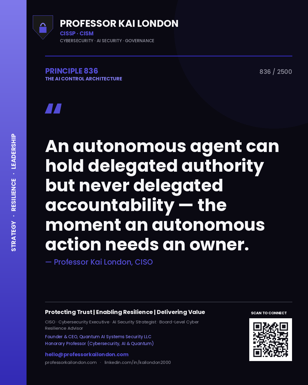 Professor Kai London principle 836: An autonomous agent can hold delegated authority but never delegated accountability — the moment an autonomous action needs an owner.