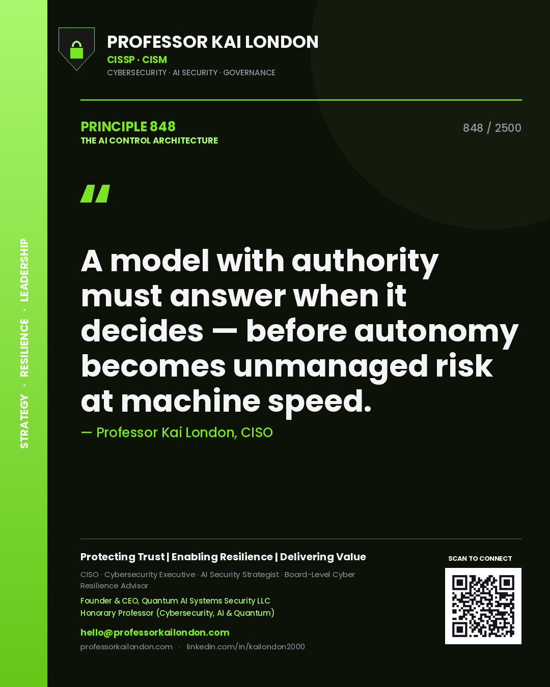 Professor Kai London principle 848: A model with authority must answer when it decides — before autonomy becomes unmanaged risk at machine speed.