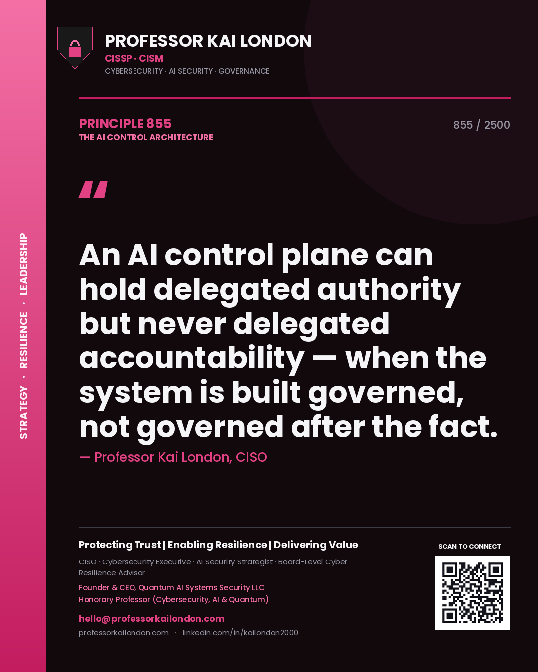 Professor Kai London principle 855: An AI control plane can hold delegated authority but never delegated accountability — when the system is built governed, not governed after the fact.