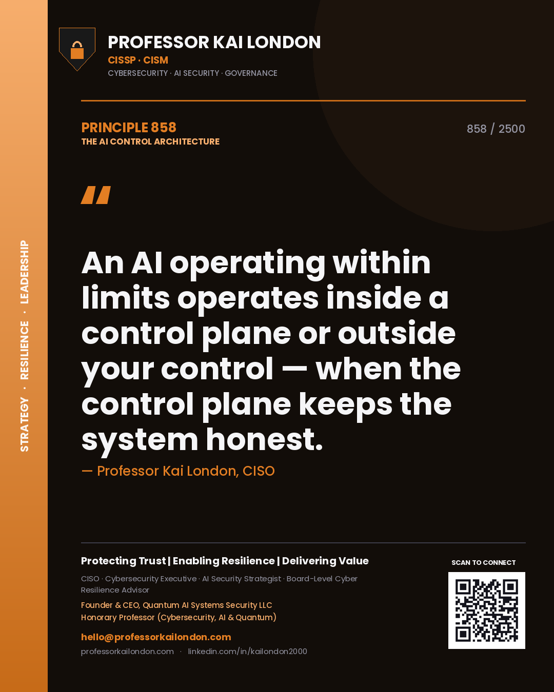 Quote card by Professor Kai London reading 'An AI operating within limits operates inside a control plane or outside your control — when the control plane keeps the system honest.'. From the book The AI Control Architecture.