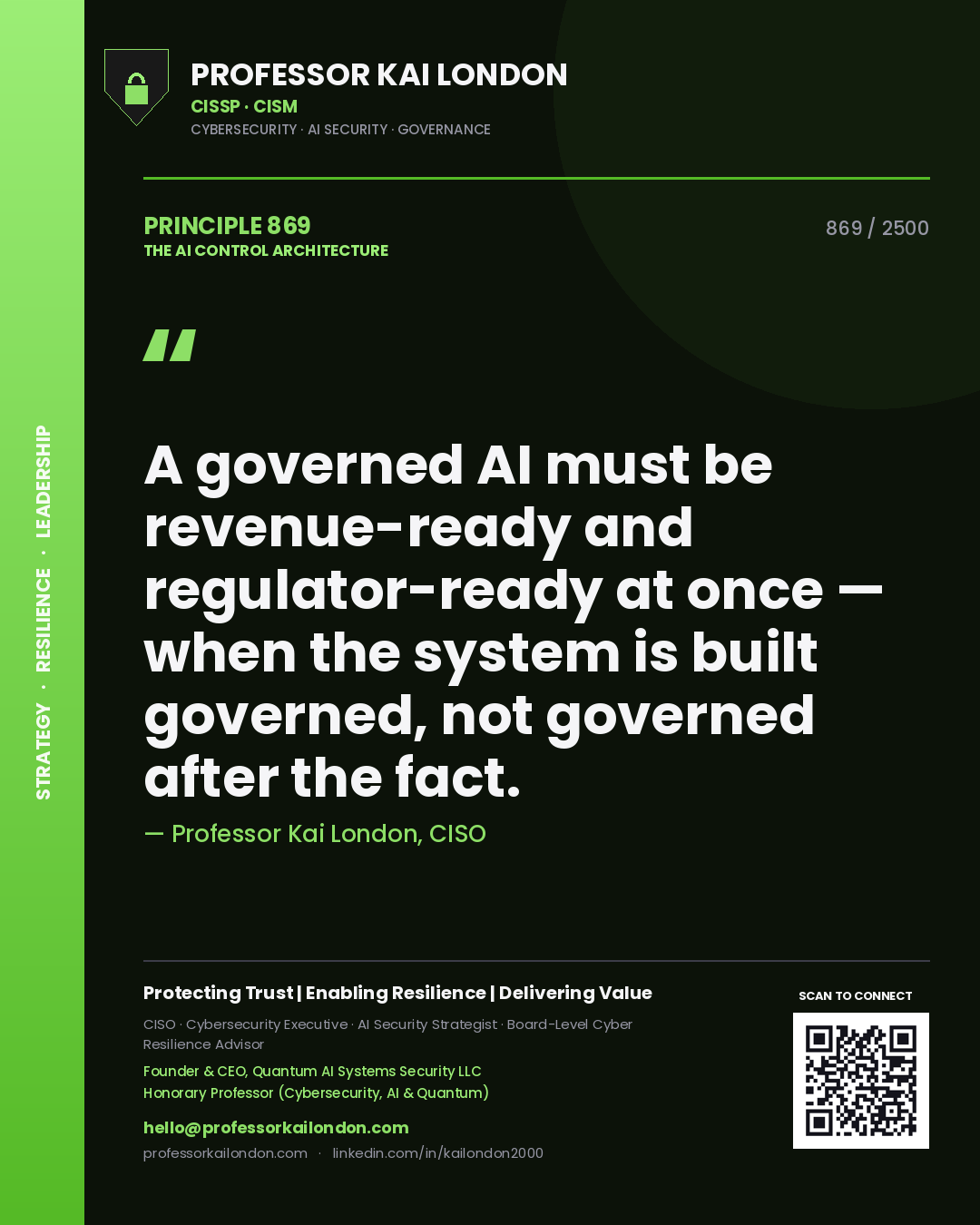 Professor Kai London principle 869: A governed AI must be revenue-ready and regulator-ready at once — when the system is built governed, not governed after the fact.