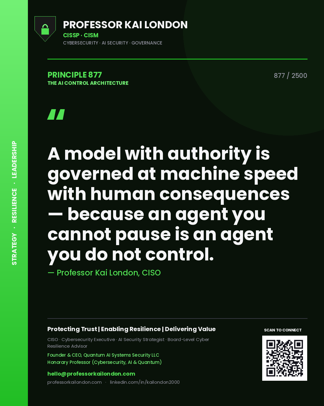 Professor Kai London principle 877: A model with authority is governed at machine speed with human consequences — because an agent you cannot pause is an agent you do not control.
