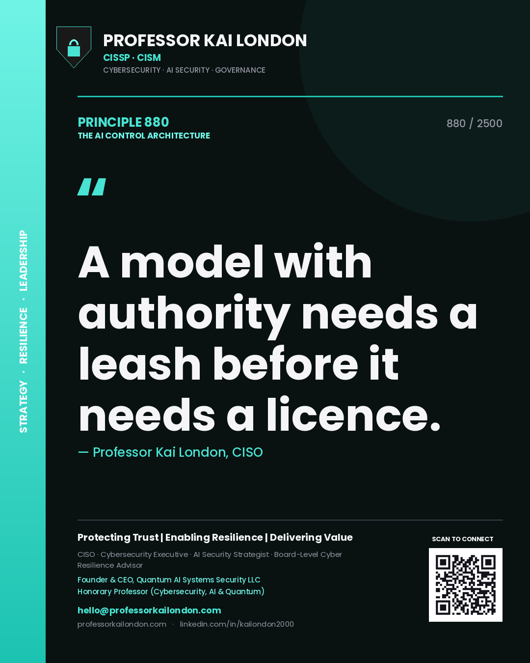 Quote card by Professor Kai London reading 'A model with authority needs a leash before it needs a licence.'. From the book The AI Control Architecture.