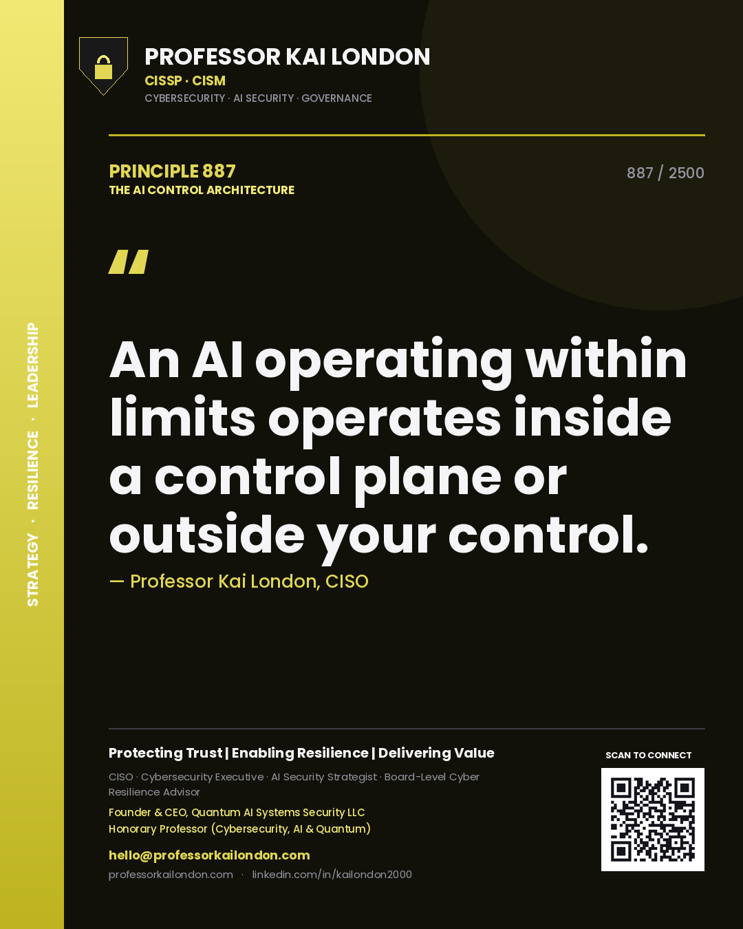 Professor Kai London principle 887: An AI operating within limits operates inside a control plane or outside your control.