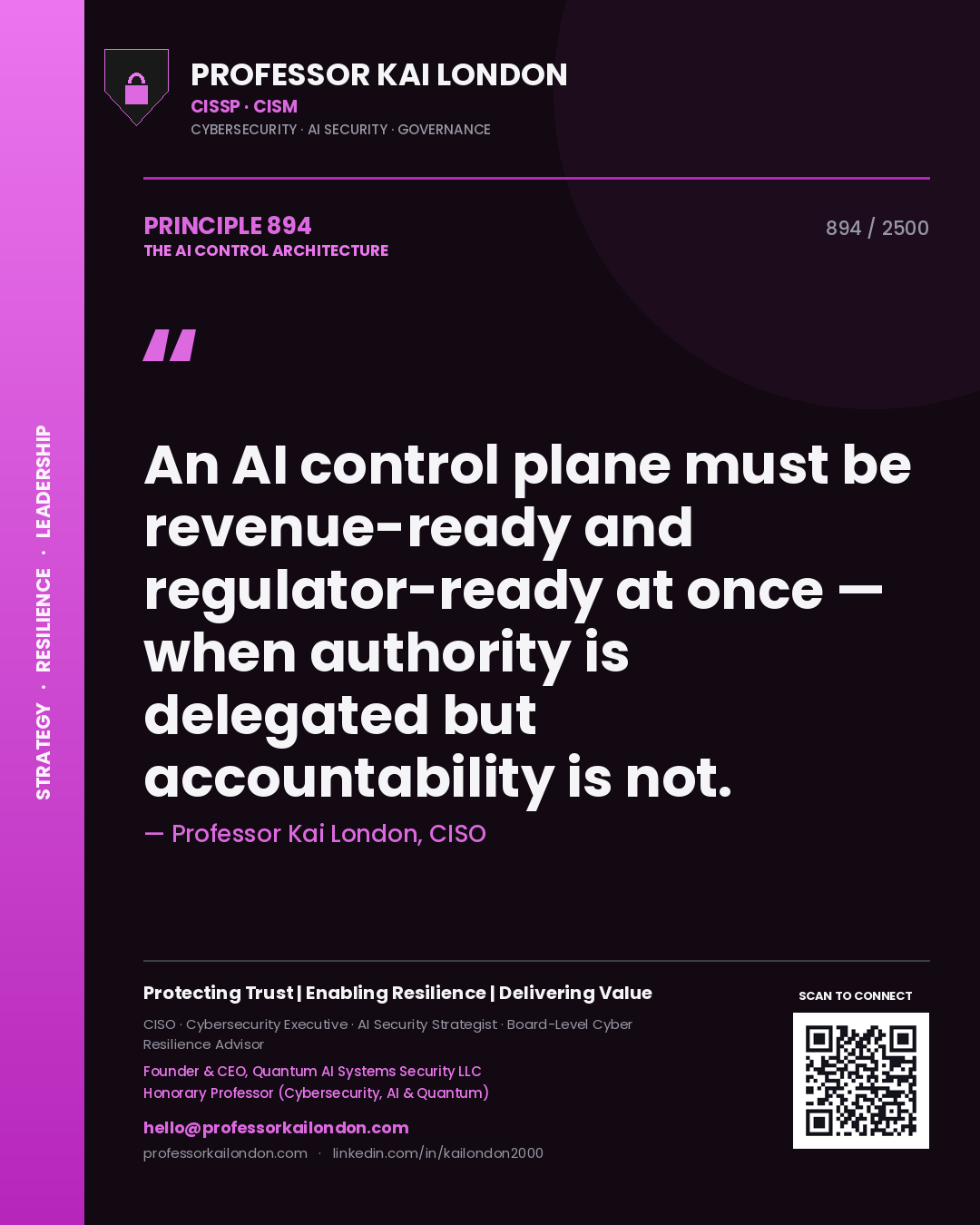 Professor Kai London principle 894: An AI control plane must be revenue-ready and regulator-ready at once — when authority is delegated but accountability is not.