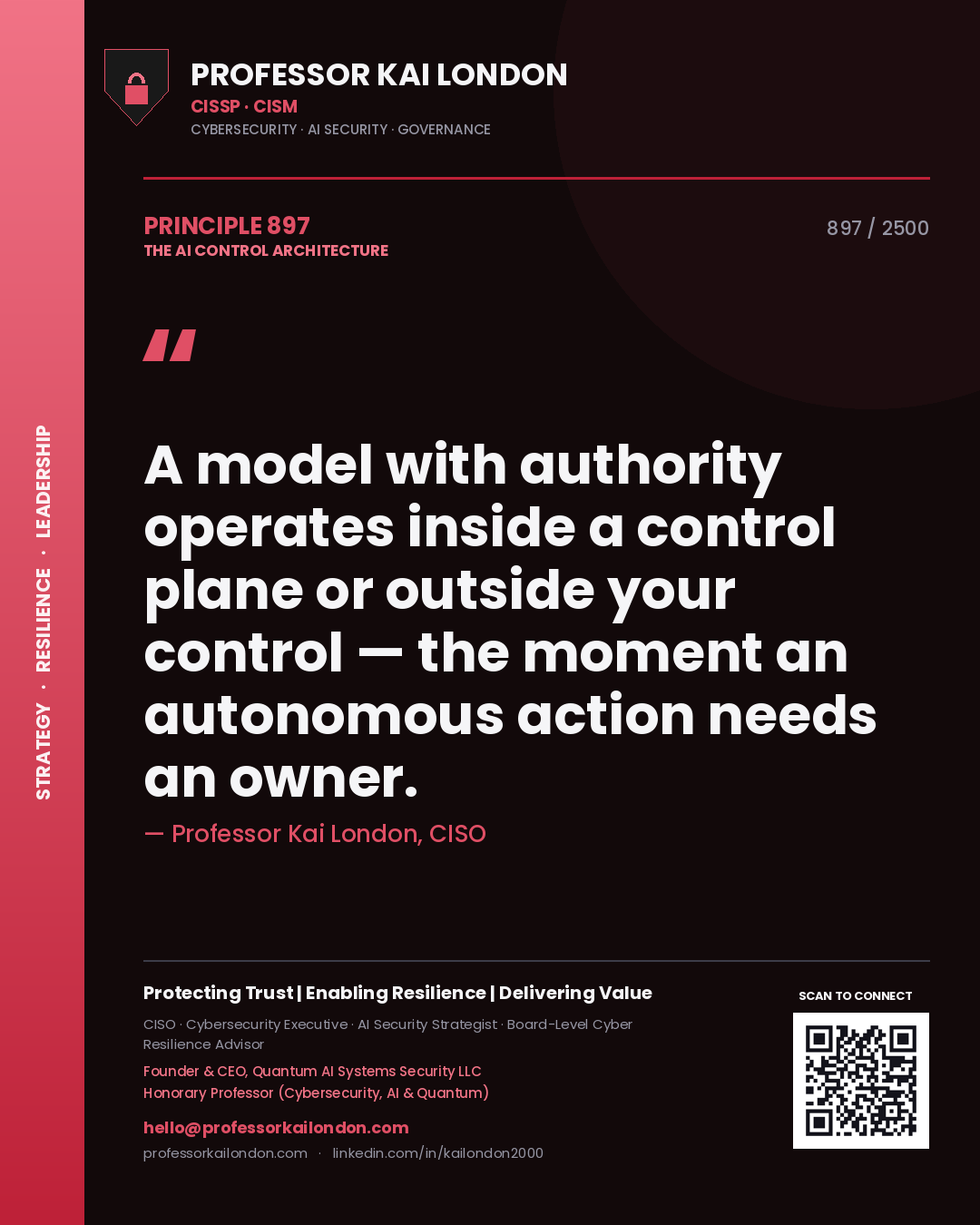 Professor Kai London principle 897: A model with authority operates inside a control plane or outside your control — the moment an autonomous action needs an owner.