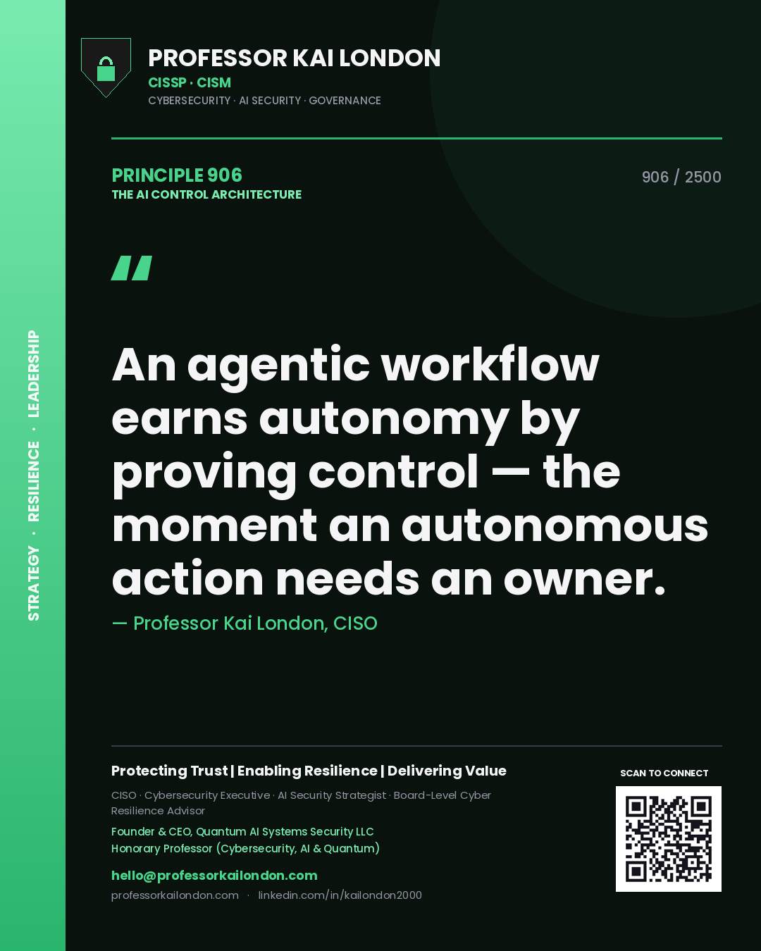 Quote card by Professor Kai London reading 'An agentic workflow earns autonomy by proving control — the moment an autonomous action needs an owner.'. From the book The AI Control Architecture.