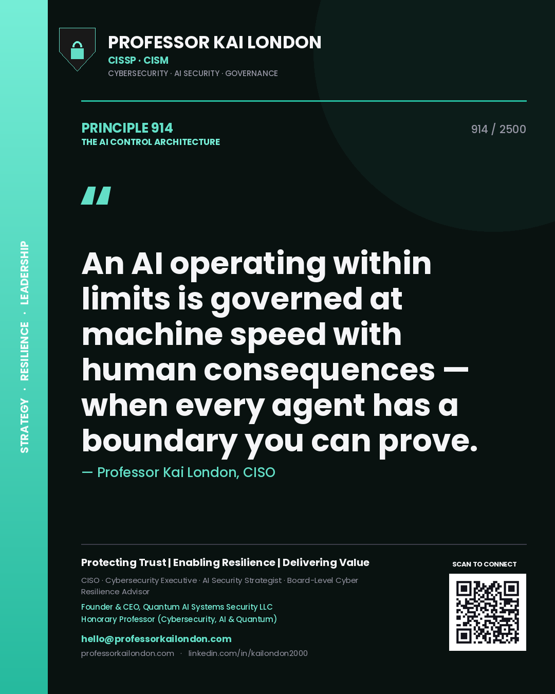 Professor Kai London principle 914: An AI operating within limits is governed at machine speed with human consequences — when every agent has a boundary you can prove.